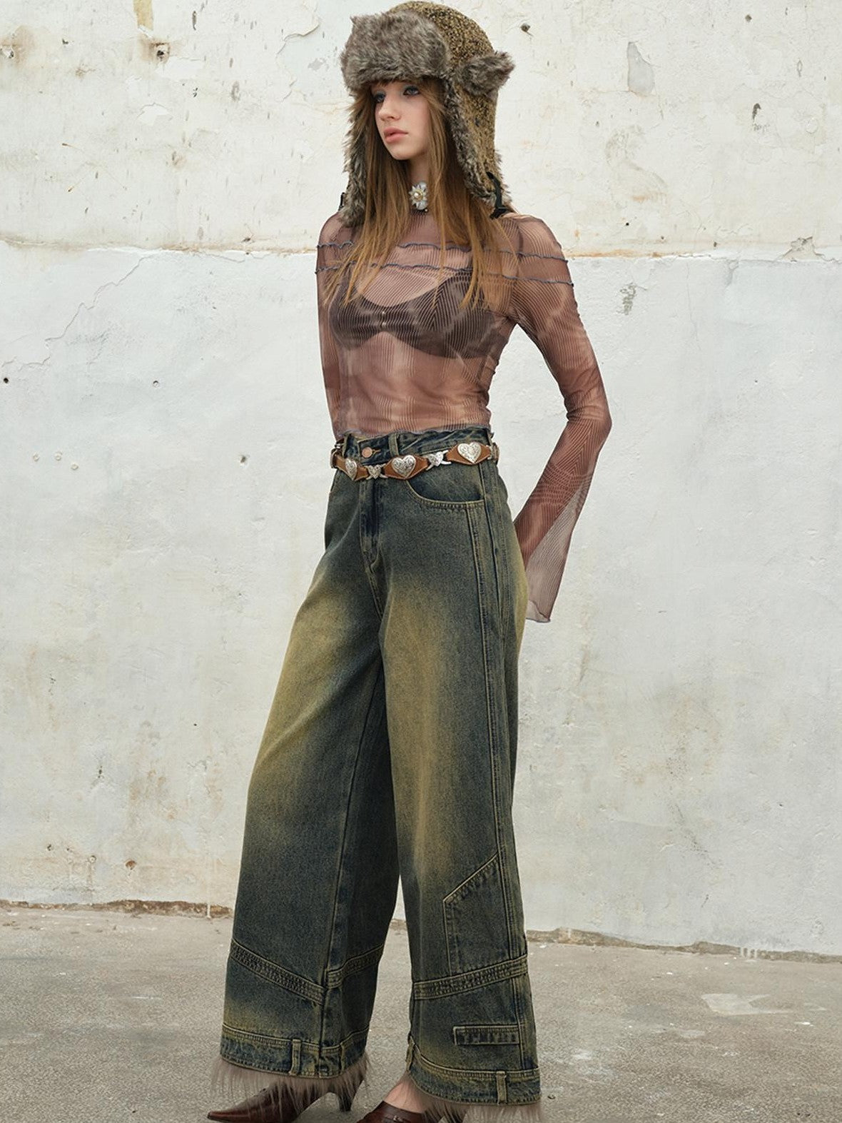 NextPassport MOF Brown Printed Flocked Sheer Camisole Women's Mesh Long Sleeve T-shirts