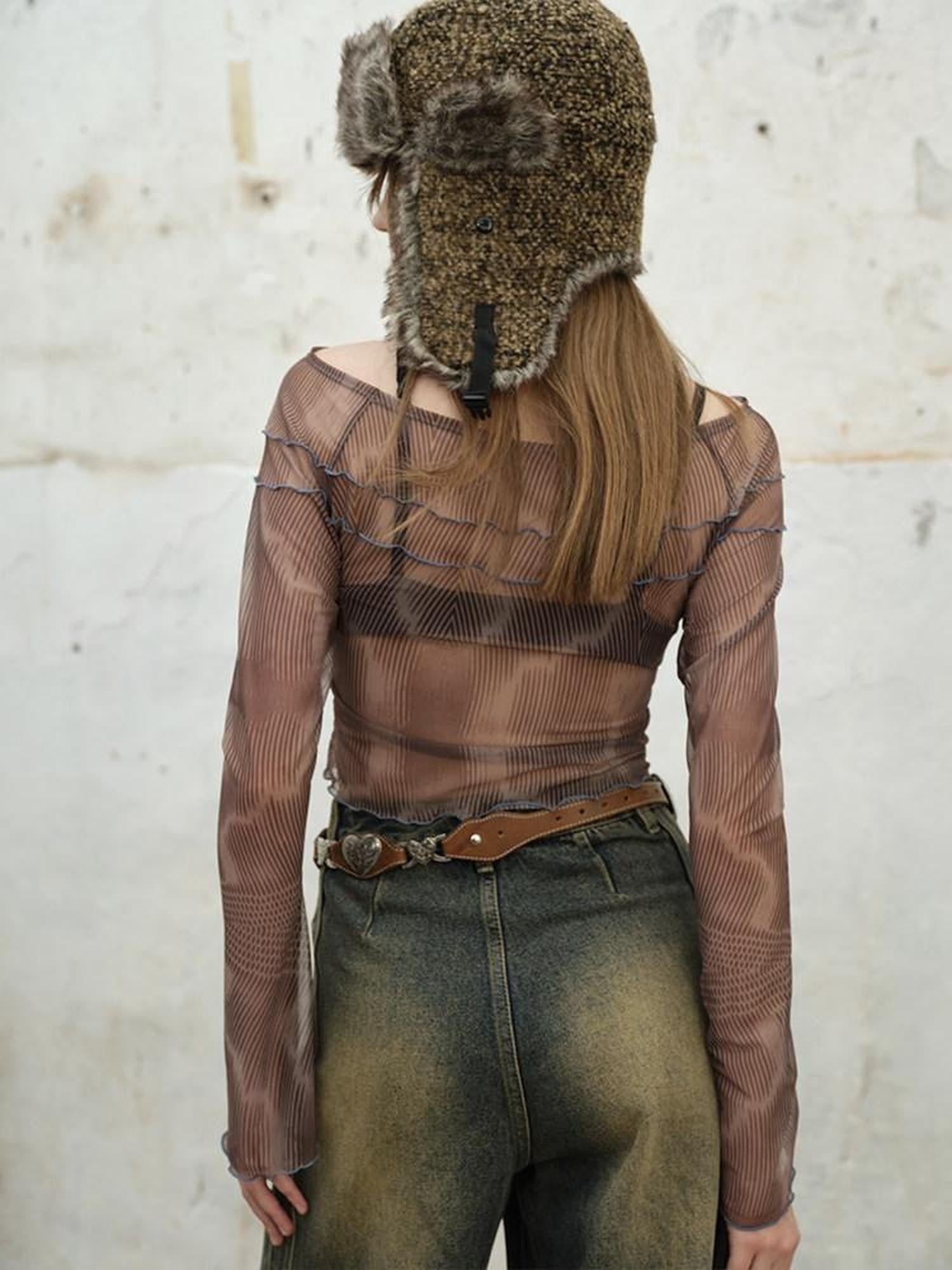 NextPassport MOF Brown Printed Flocked Sheer Camisole Women's Mesh Long Sleeve T-shirts
