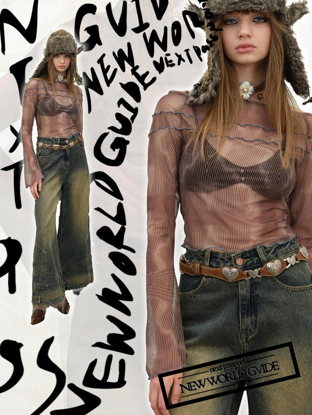 NextPassport MOF Brown Printed Flocked Sheer Camisole Women's Mesh Long Sleeve T-shirts