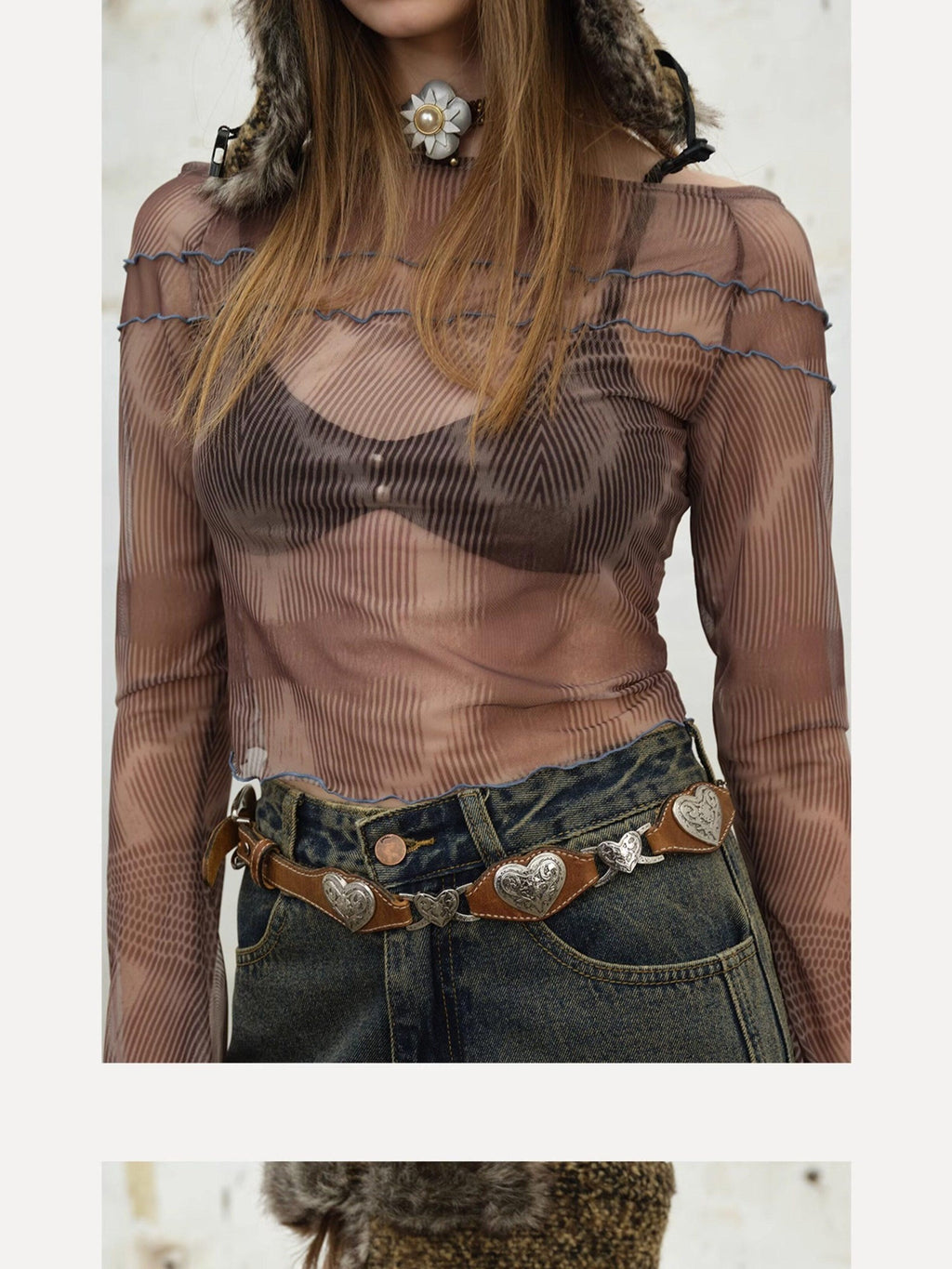 NextPassport MOF Brown Printed Flocked Sheer Camisole Women's Mesh Long Sleeve T-shirts