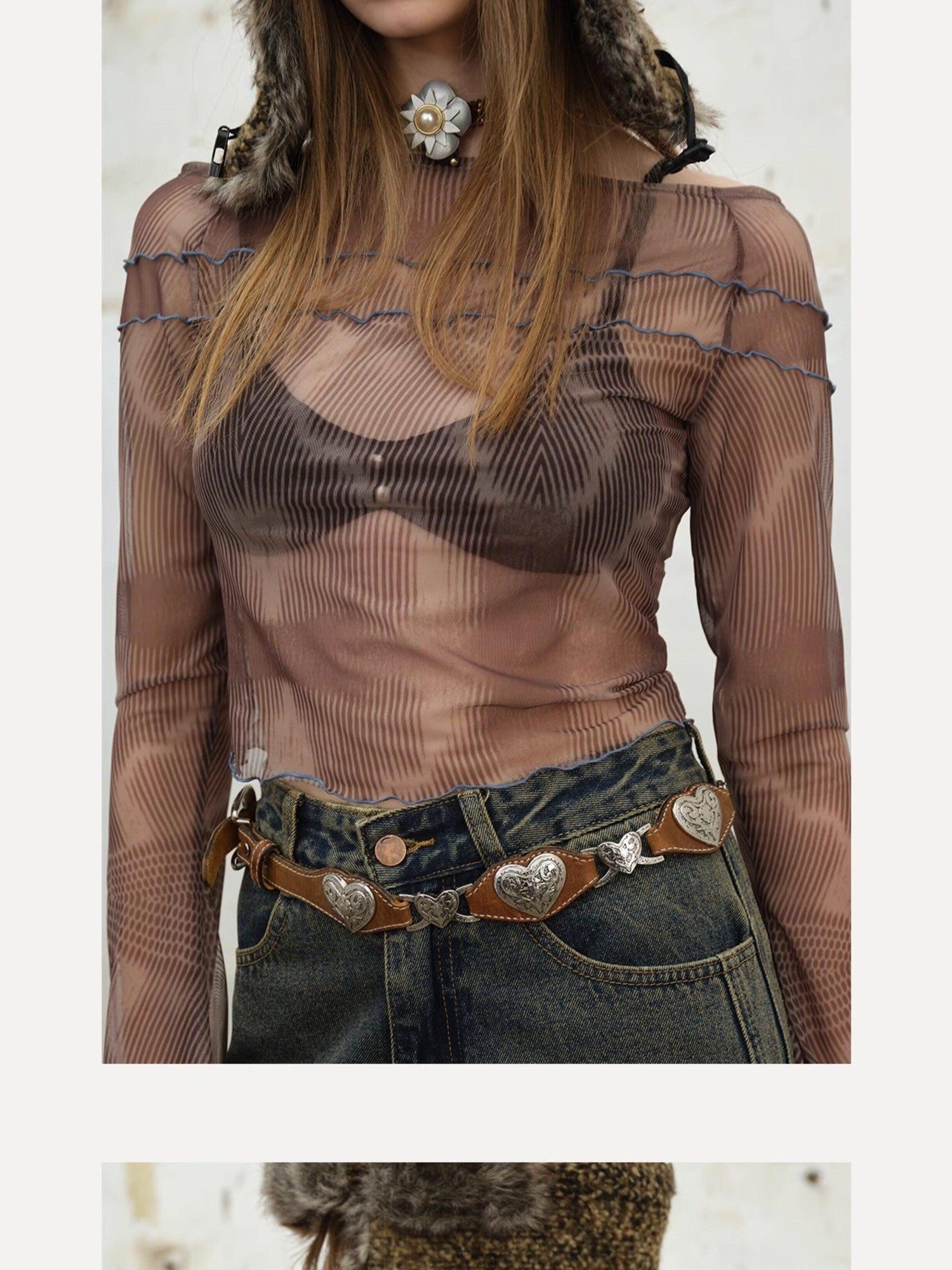 NextPassport MOF Brown Printed Flocked Sheer Camisole Women's Mesh Long Sleeve T-shirts