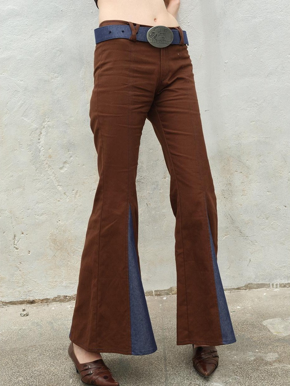 NextPassport MOF Brown Spliced Colorblock Low Waist Slimming Women's Cotton Flare Pants