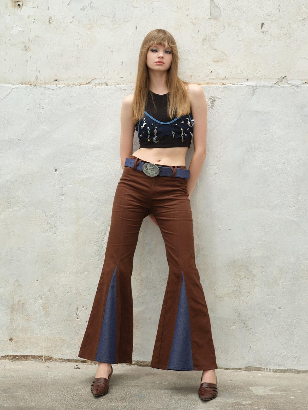 NextPassport MOF Brown Spliced Colorblock Low Waist Slimming Women's Cotton Flare Pants