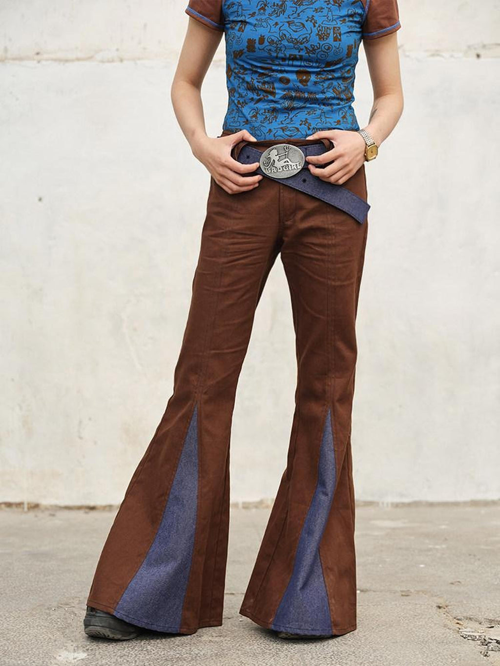 NextPassport MOF Brown Spliced Colorblock Low Waist Slimming Women's Cotton Flare Pants