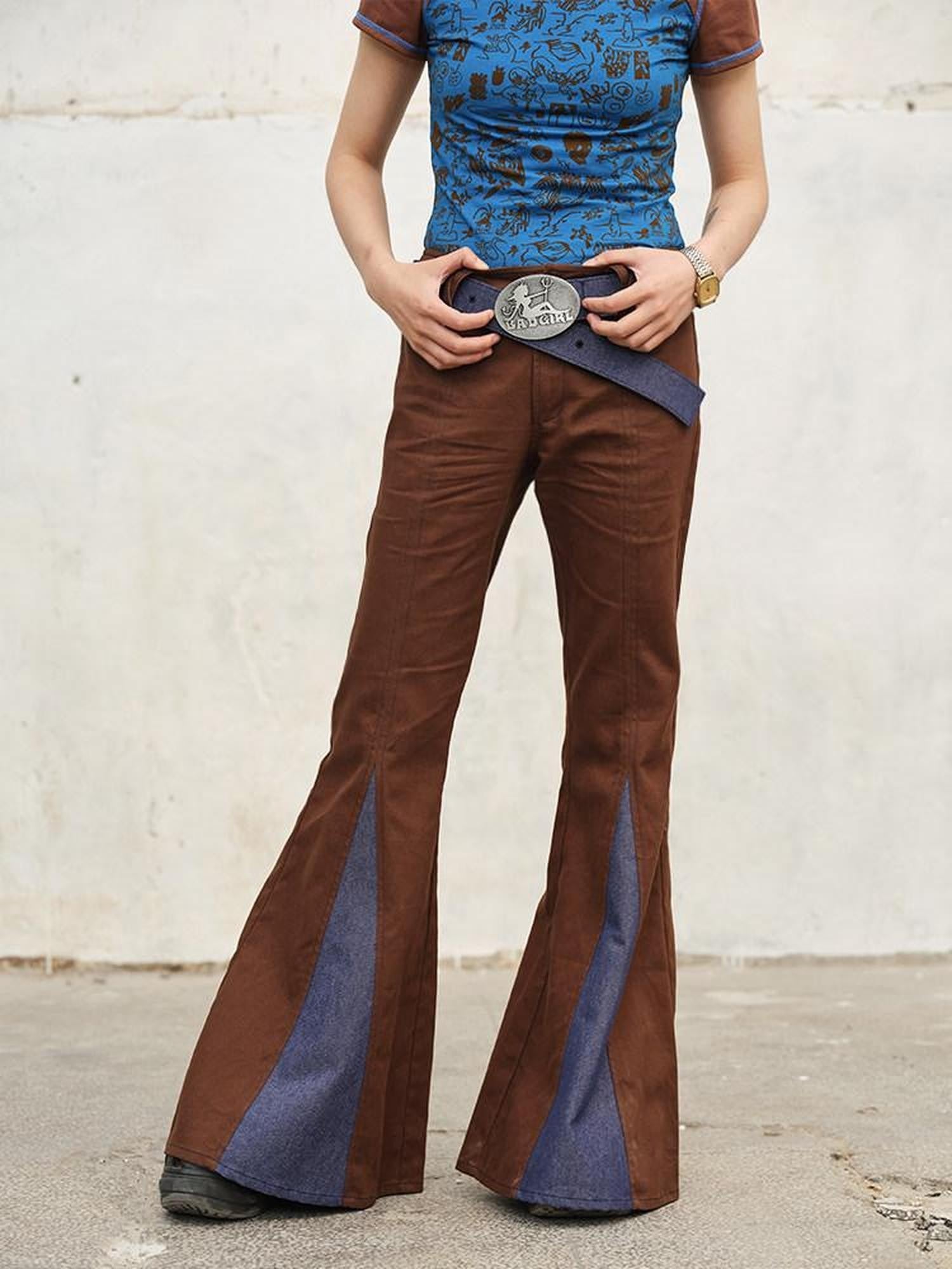 NextPassport MOF Brown Spliced Colorblock Low Waist Slimming Women's Cotton Flare Pants