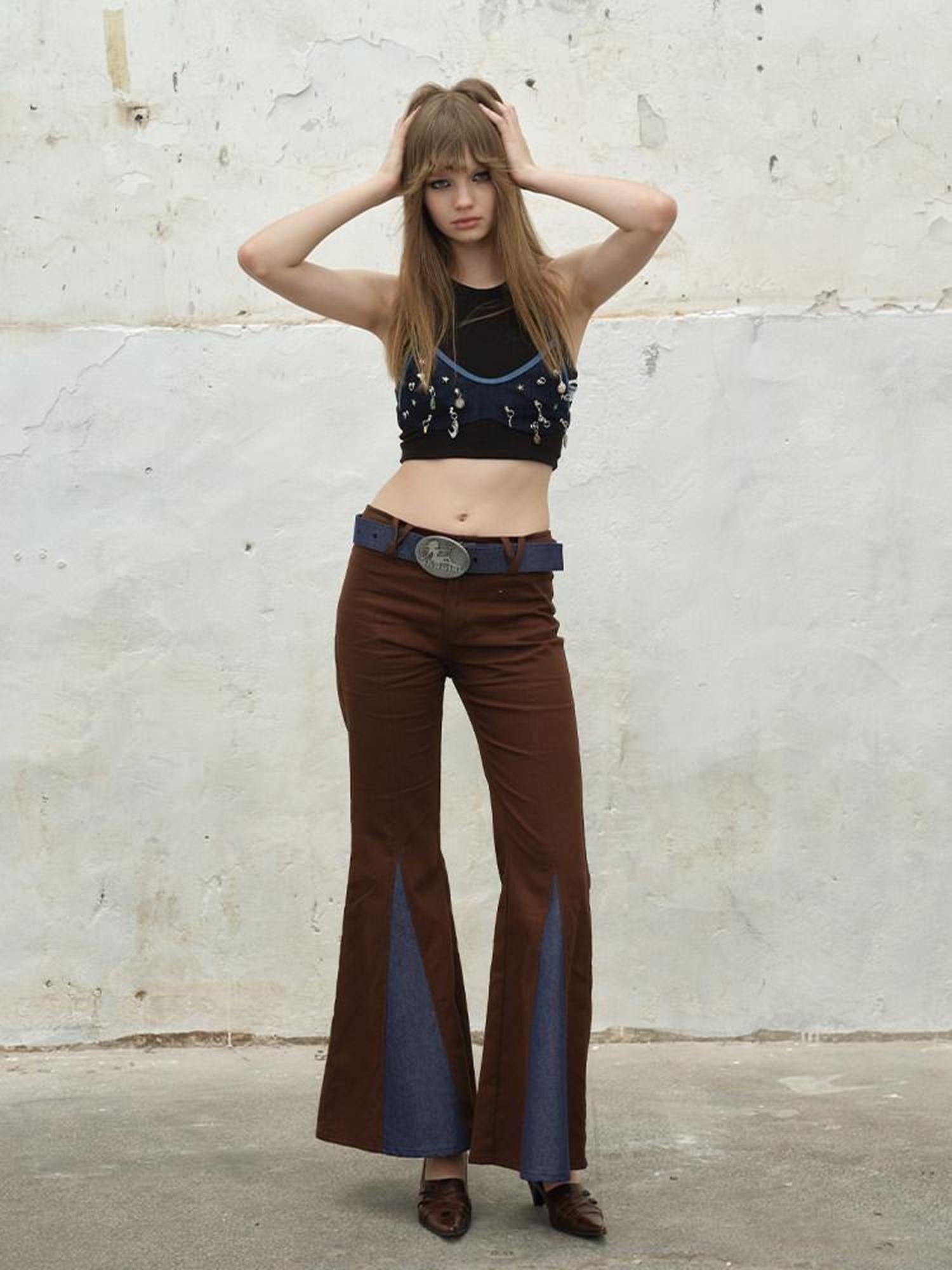 NextPassport MOF Brown Spliced Colorblock Low Waist Slimming Women's Cotton Flare Pants