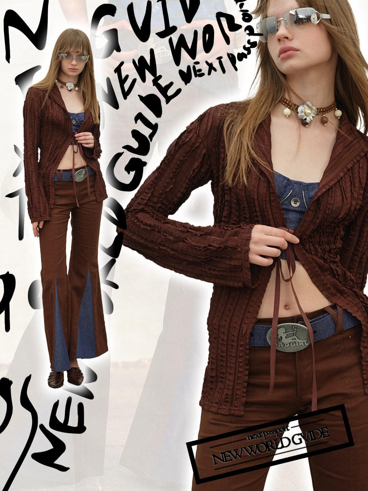 NextPassport MOF Brown Spliced Colorblock Low Waist Slimming Women's Cotton Flare Pants