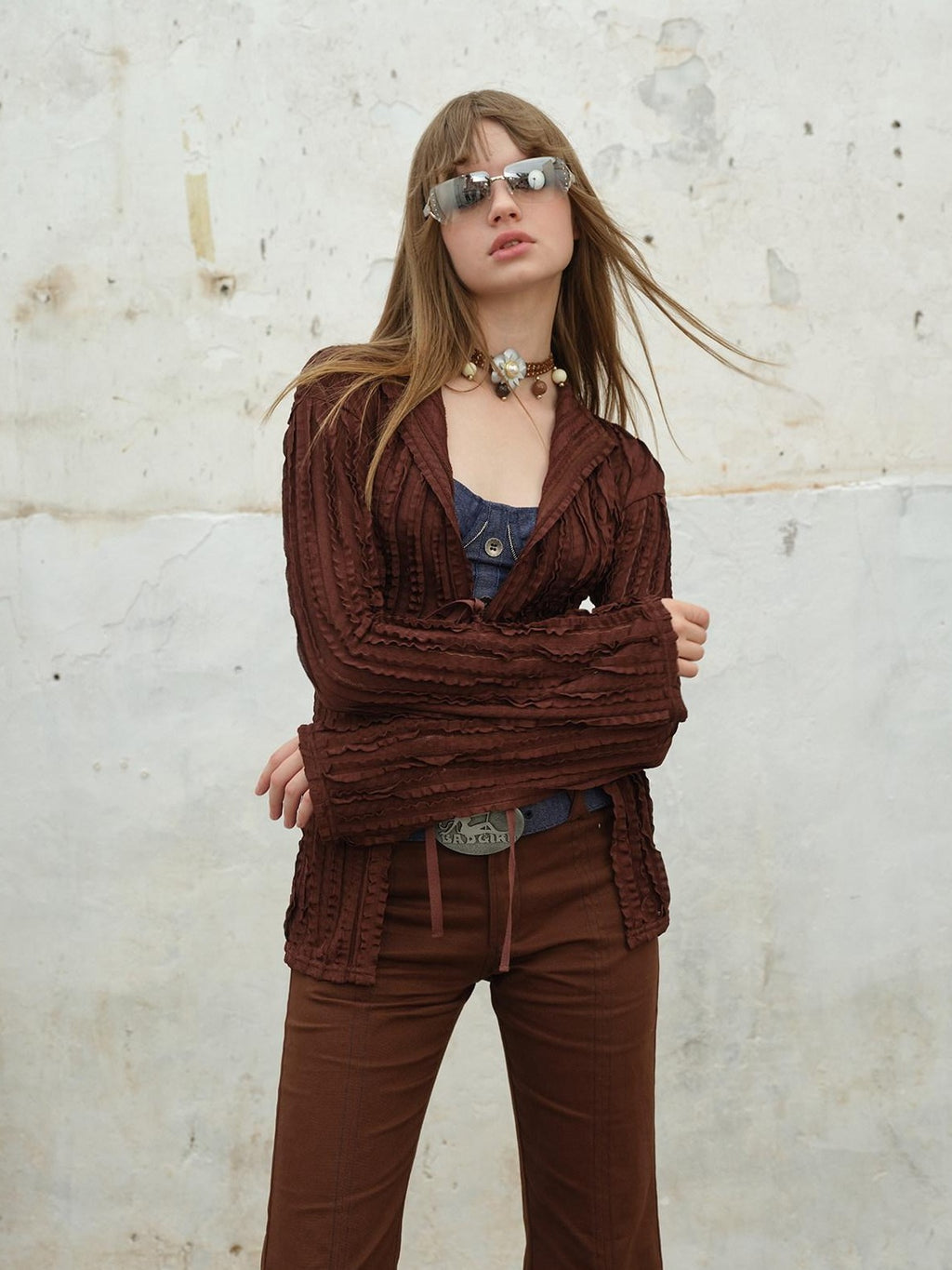 NextPassport MOF Brown Spliced Colorblock Low Waist Slimming Women's Cotton Flare Pants