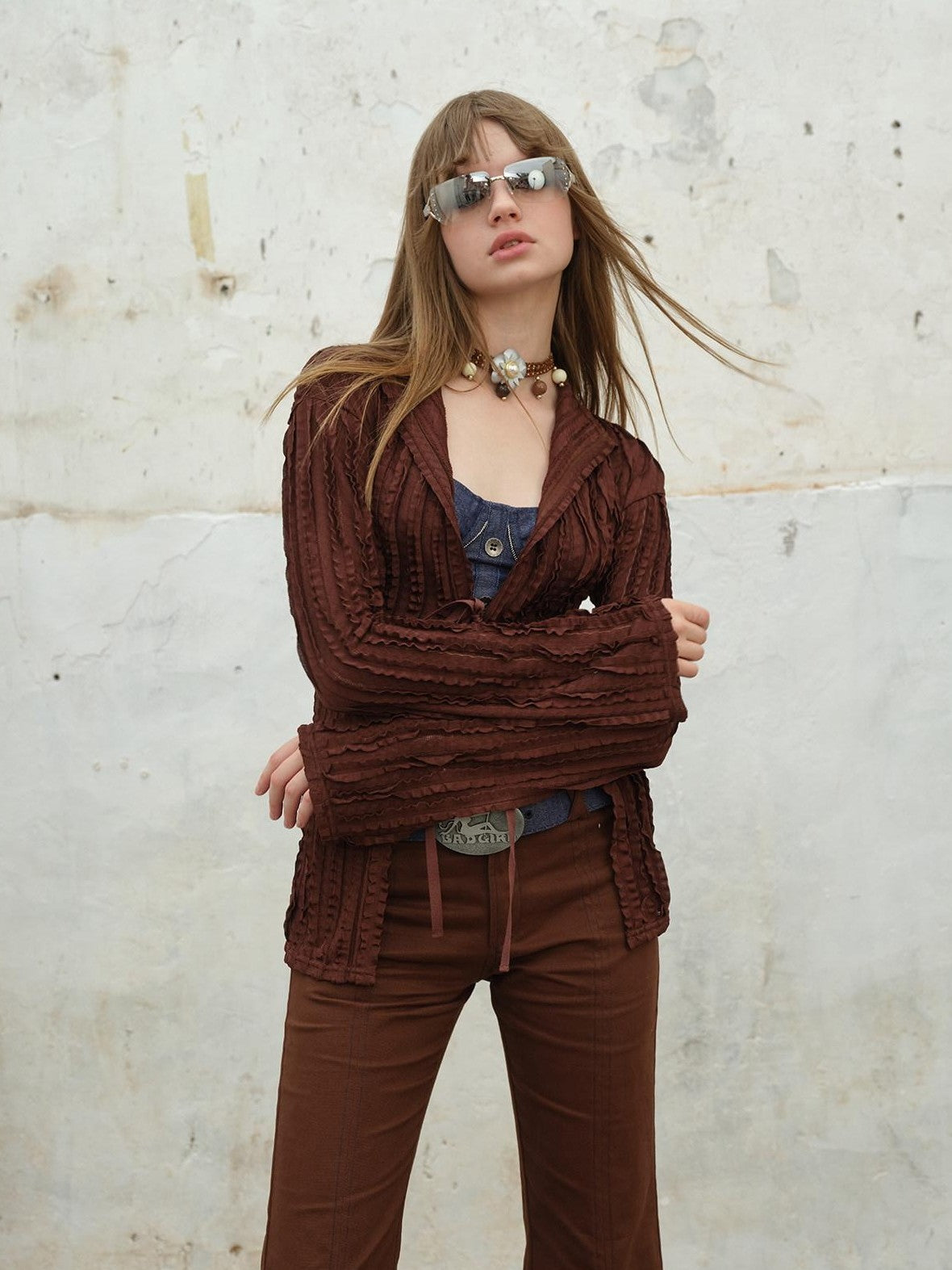 NextPassport MOF Brown Spliced Colorblock Low Waist Slimming Women's Cotton Flare Pants