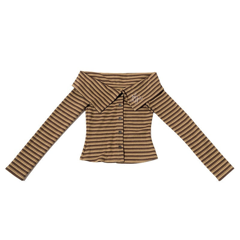 NextPassport_MOF_Brown_Striped_Knit_Oversized_Lapel_Off_Shoulder_Women's_Long_Sleeve_T-shirts_825342584807_MISSTT