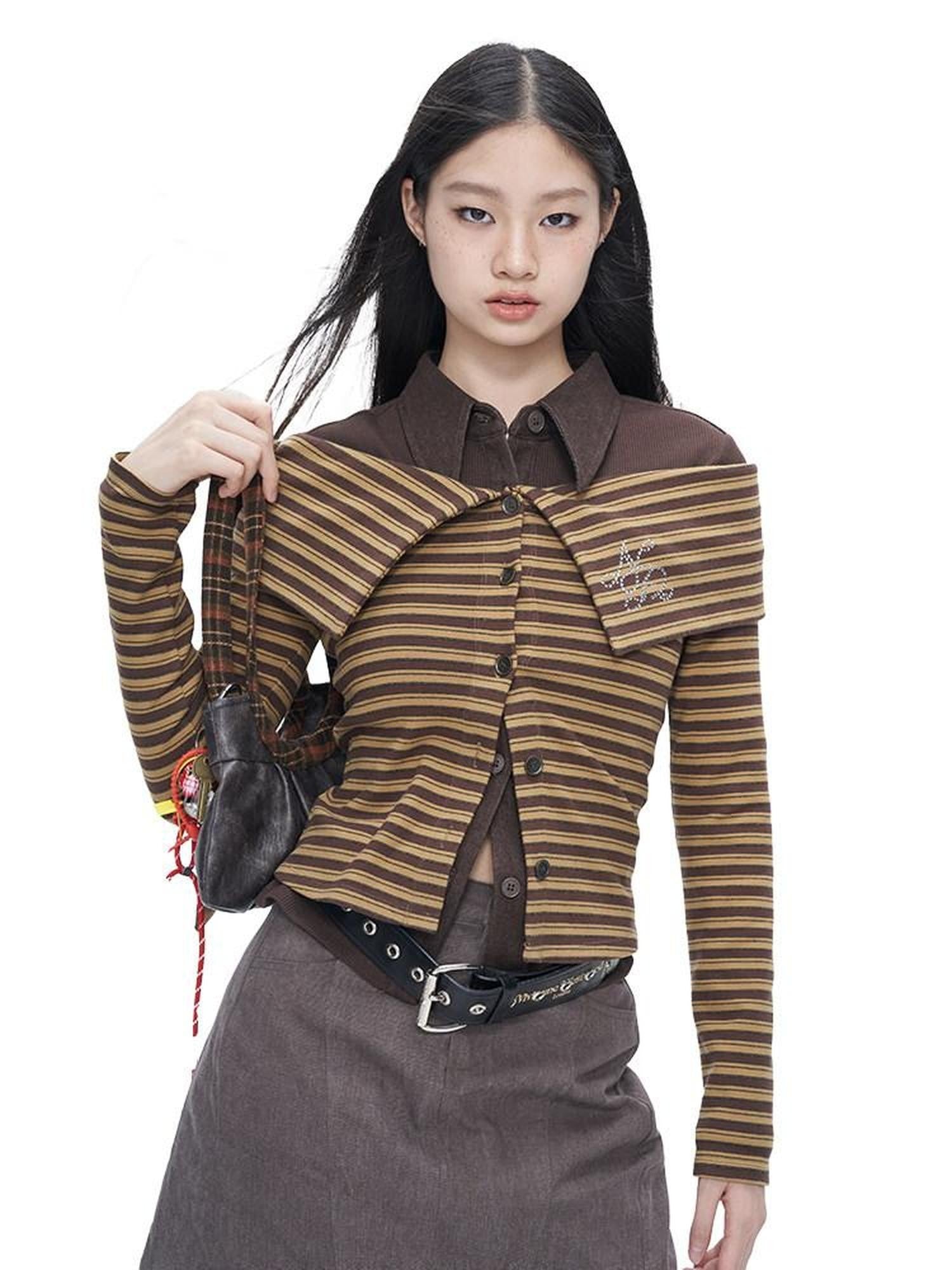 NextPassport MOF Brown Striped Knit Oversized Lapel Off Shoulder Women's Long Sleeve T-shirts
