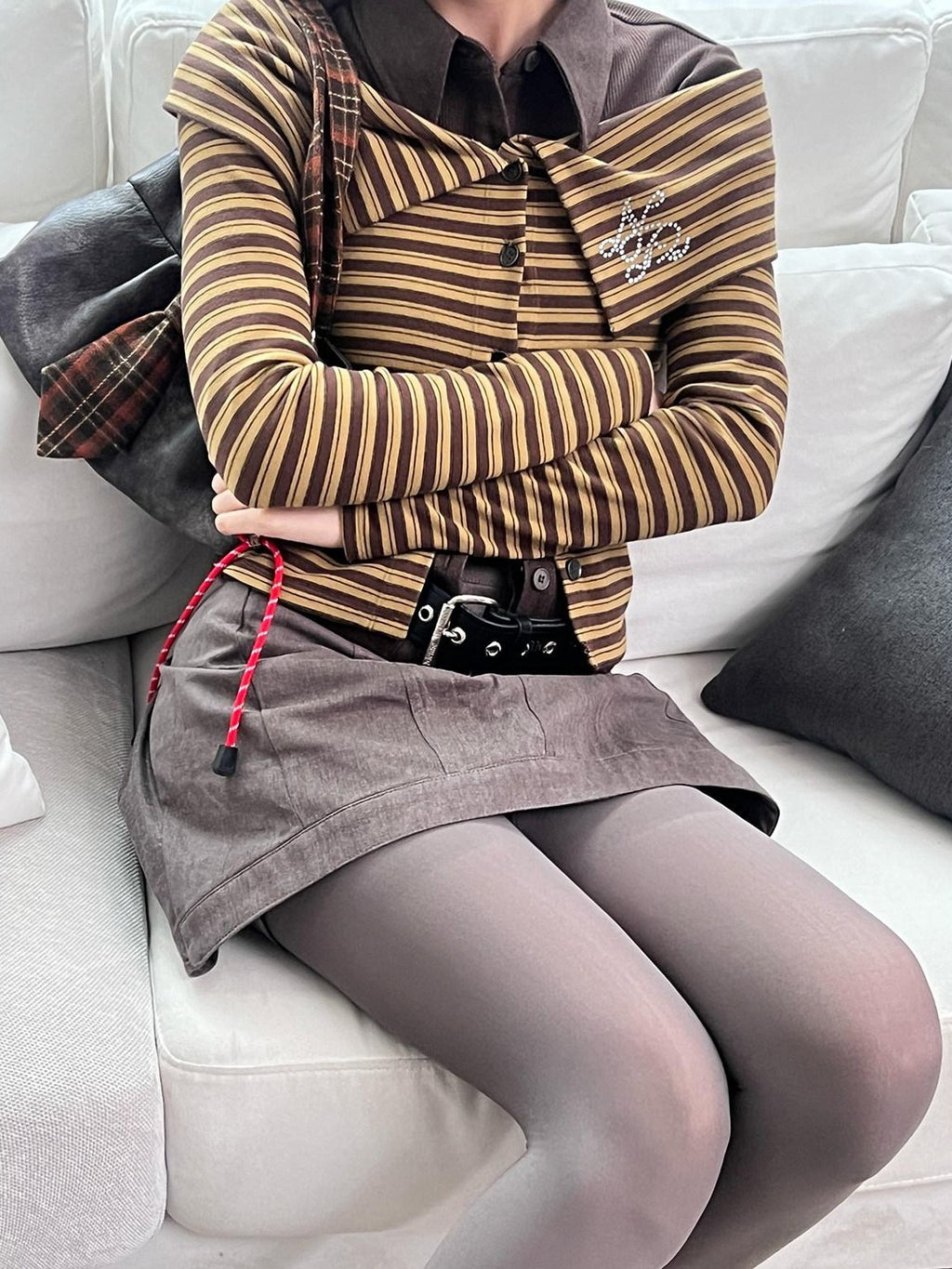 NextPassport MOF Brown Striped Knit Oversized Lapel Off Shoulder Women's Long Sleeve T-shirts