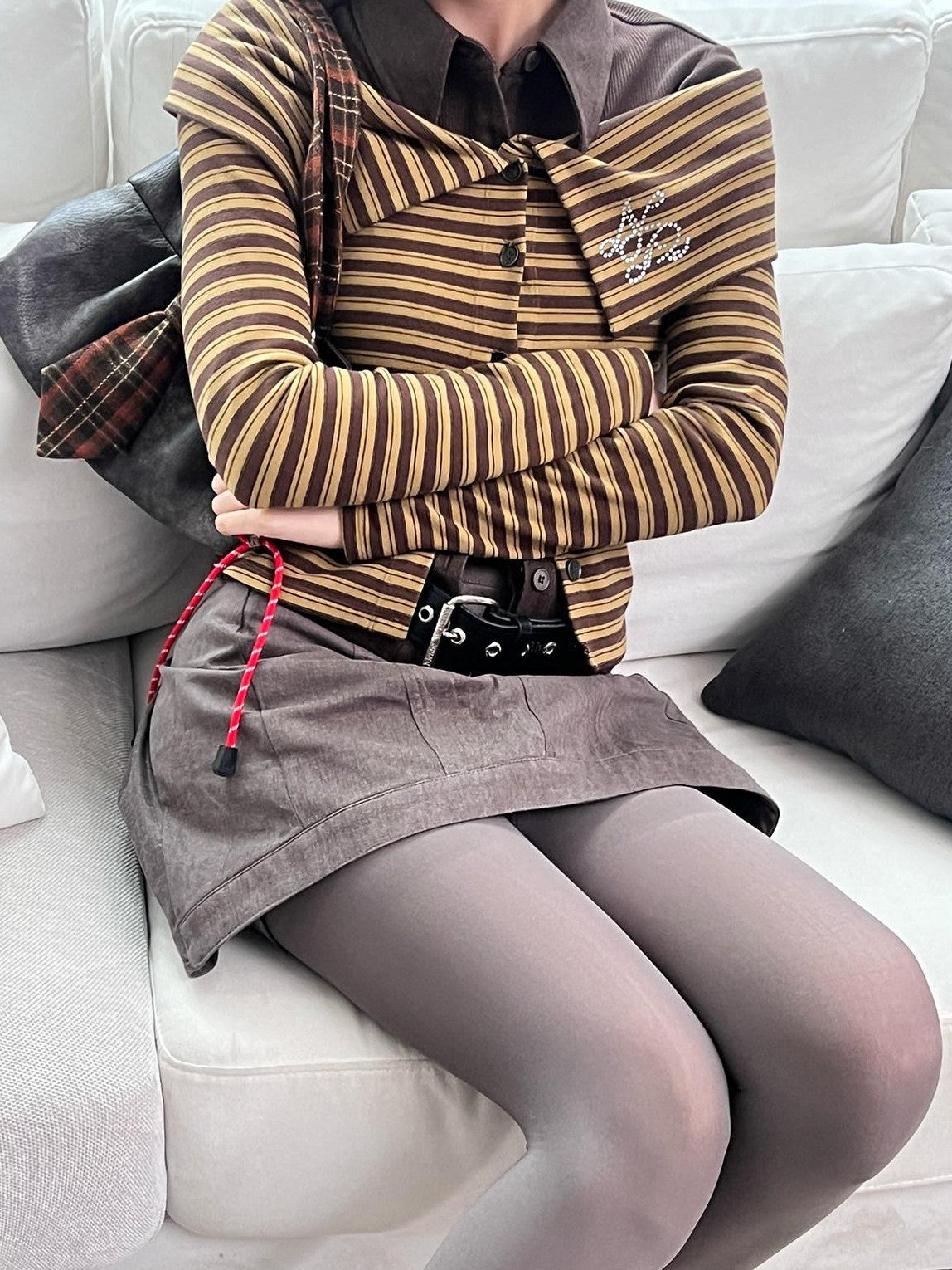 NextPassport MOF Brown Striped Knit Oversized Lapel Off Shoulder Women's Long Sleeve T-shirts