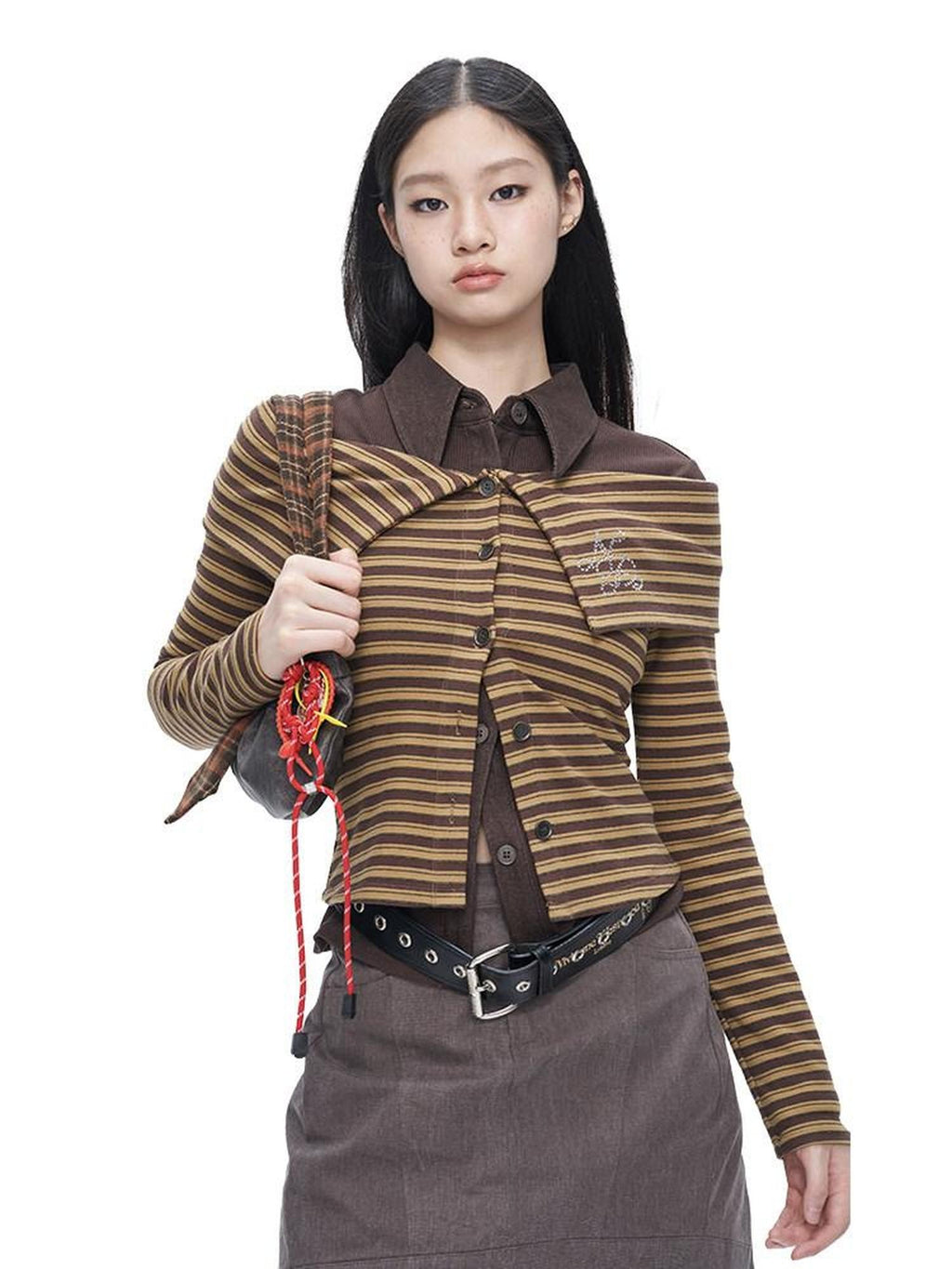 NextPassport MOF Brown Striped Knit Oversized Lapel Off Shoulder Women's Long Sleeve T-shirts