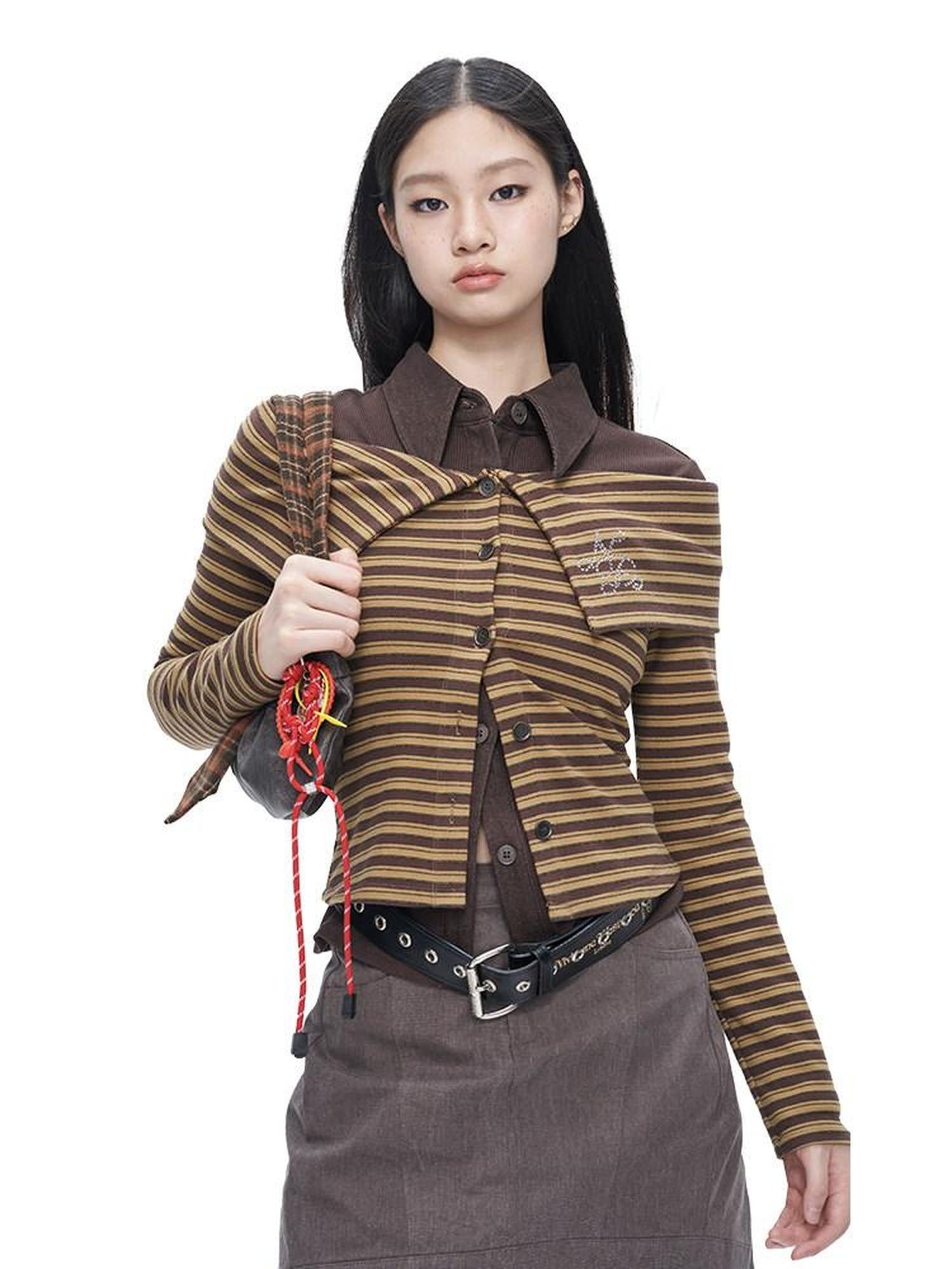 NextPassport MOF Brown Striped Knit Oversized Lapel Off Shoulder Women's Long Sleeve T-shirts
