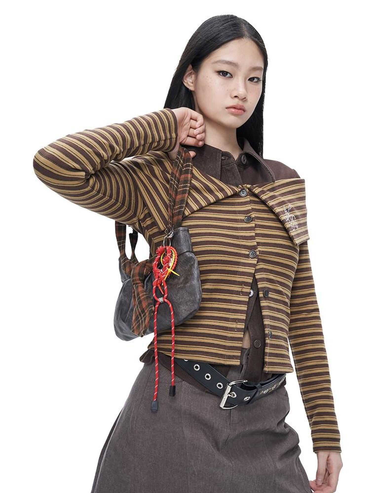 NextPassport MOF Brown Striped Knit Oversized Lapel Off Shoulder Women's Long Sleeve T-shirts