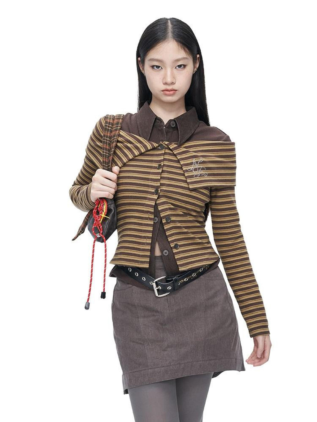 NextPassport MOF Brown Striped Knit Oversized Lapel Off Shoulder Women's Long Sleeve T-shirts