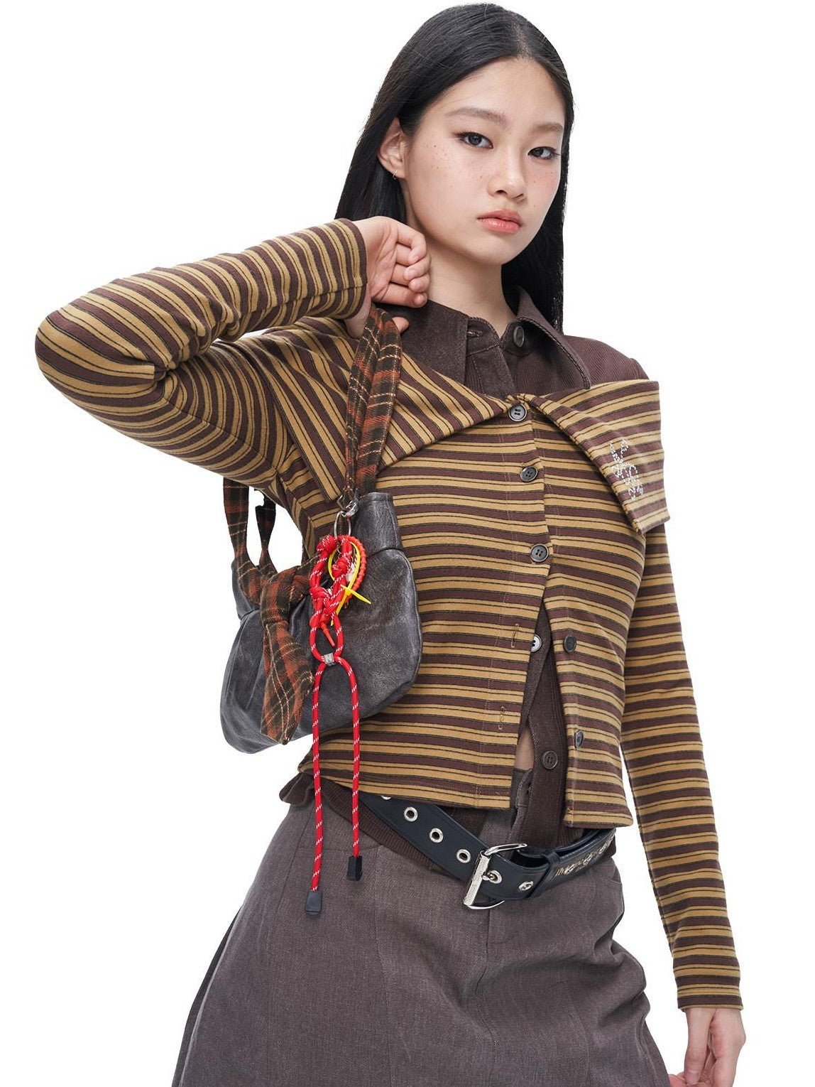 NextPassport MOF Brown Striped Knit Oversized Lapel Off Shoulder Women's Long Sleeve T-shirts