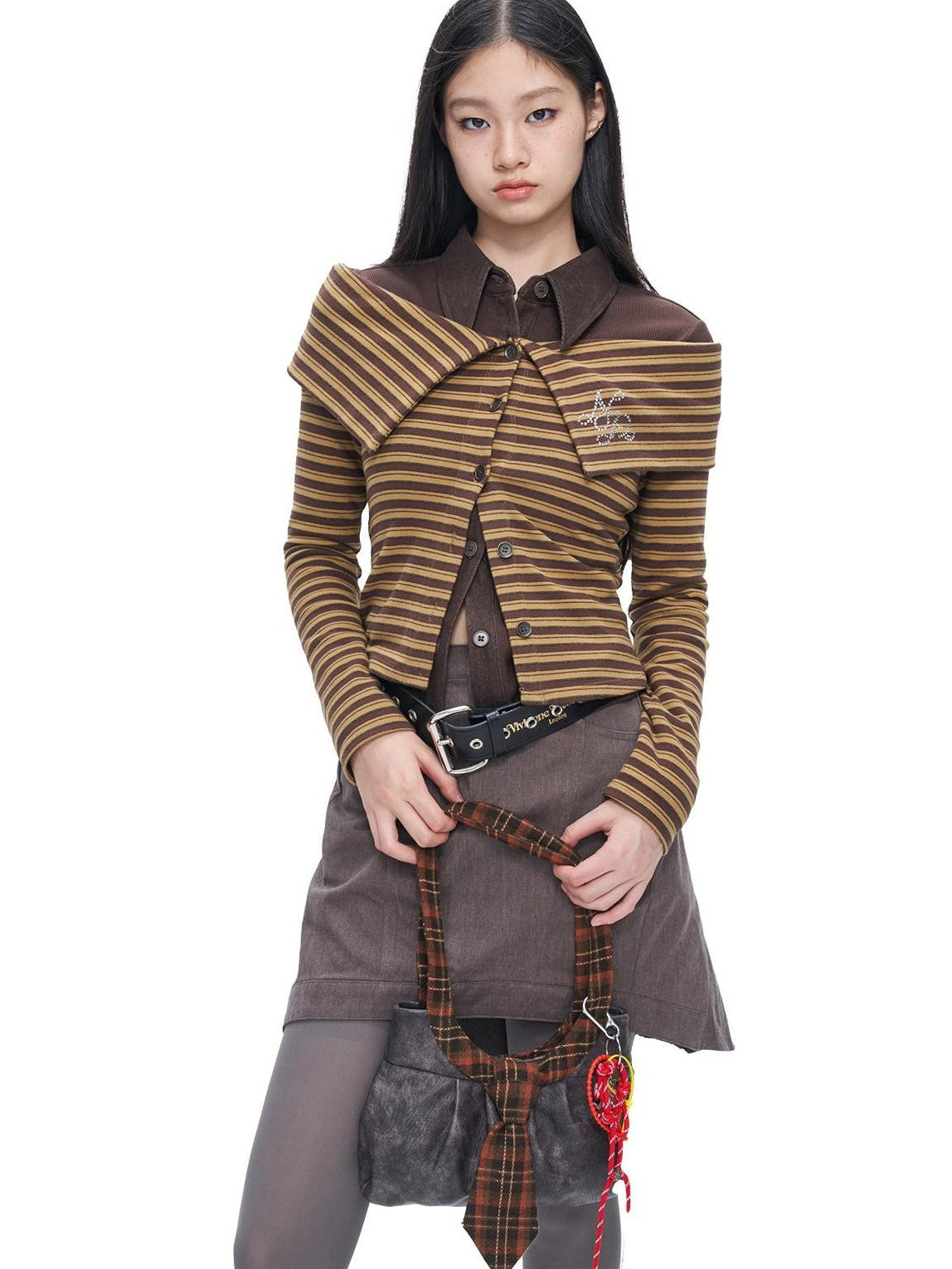 NextPassport MOF Brown Striped Knit Oversized Lapel Off Shoulder Women's Long Sleeve T-shirts