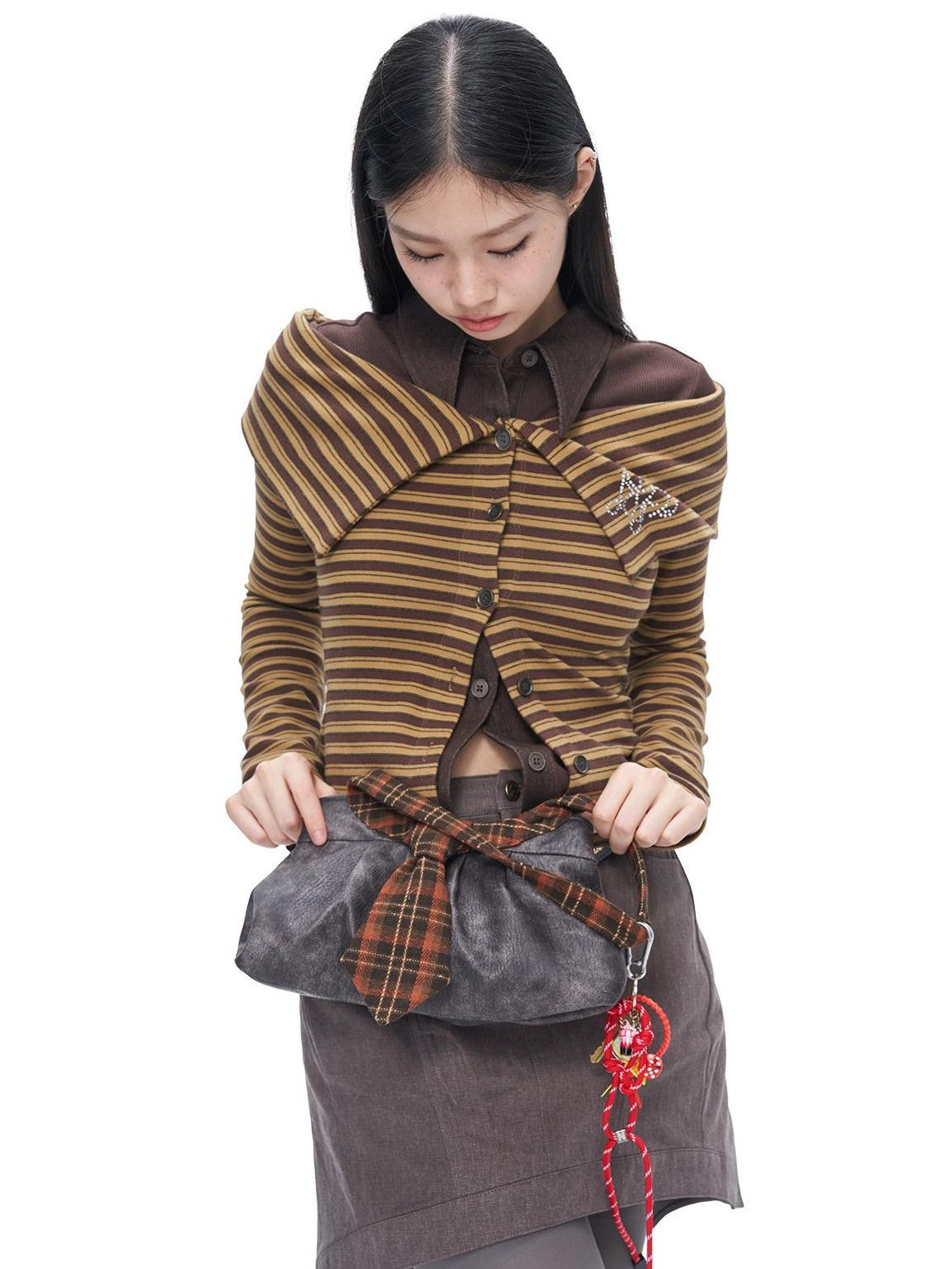NextPassport MOF Brown Striped Knit Oversized Lapel Off Shoulder Women's Long Sleeve T-shirts