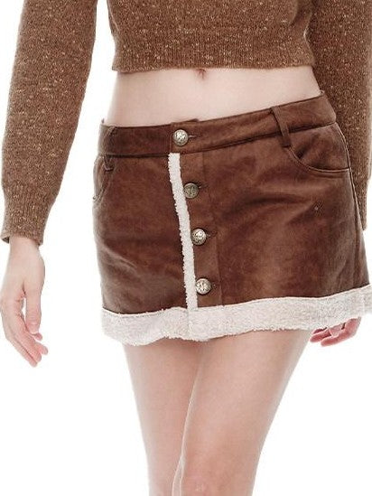 NextPassport MOF Brown Suede Fleece Lined Mid Waist A Line Women's Polyester Mini Skirts