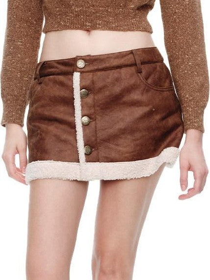 NextPassport MOF Brown Suede Fleece Lined Mid Waist A Line Women's Polyester Mini Skirts