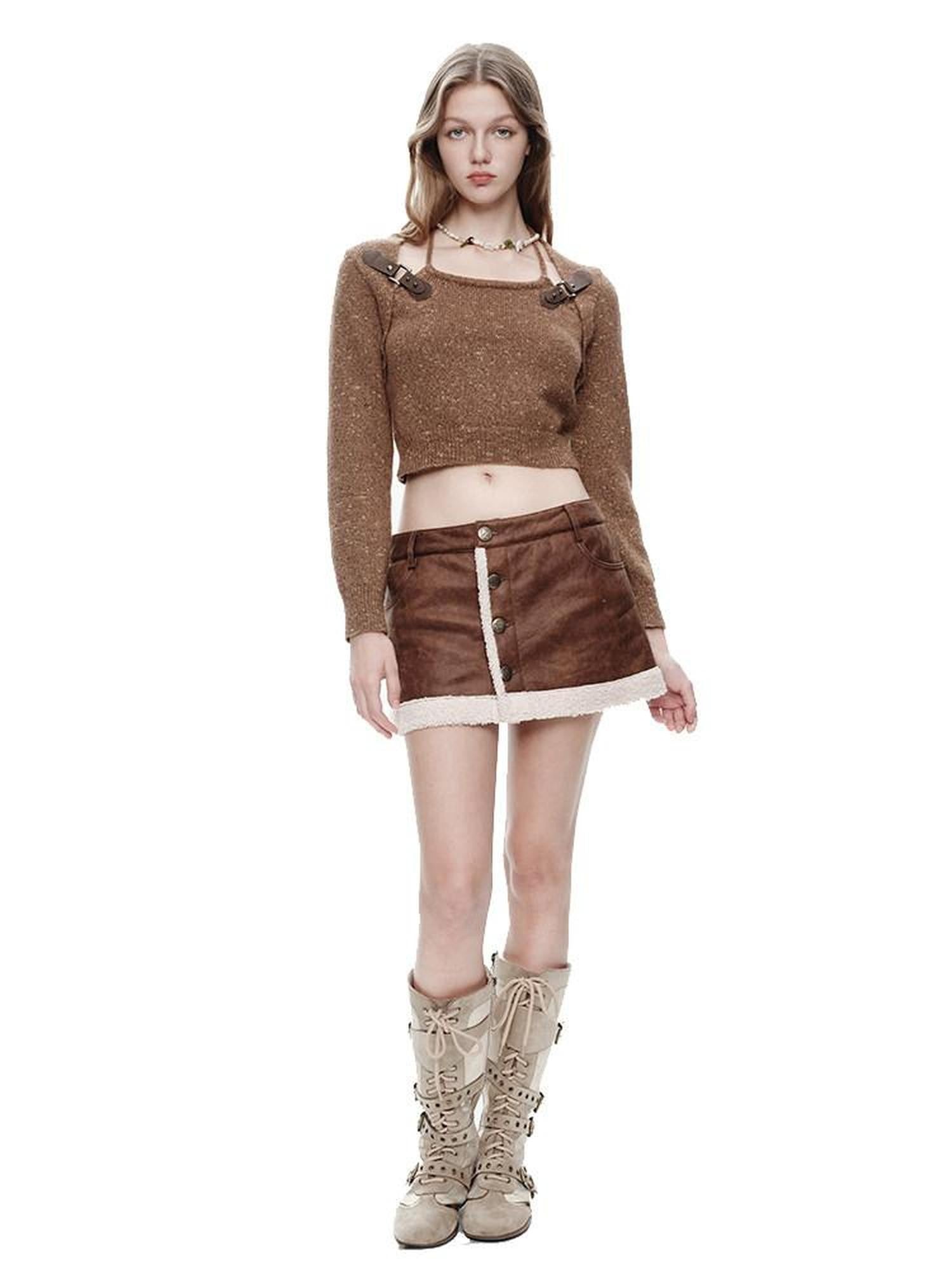 NextPassport MOF Brown Suede Fleece Lined Mid Waist A Line Women's Polyester Mini Skirts
