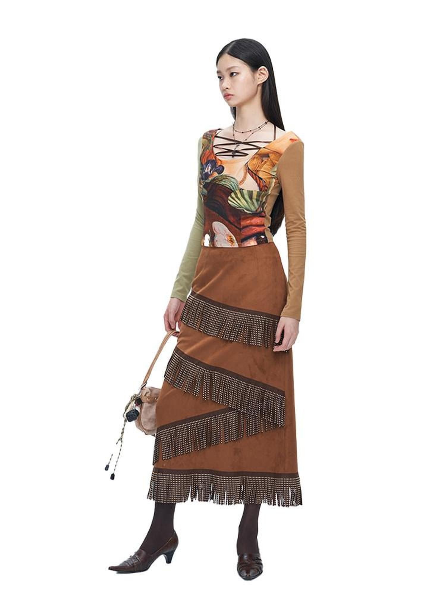 NextPassport MOF Brown Suede Fringe H Line Slim Fit Women's Polyester Maxi Skirts