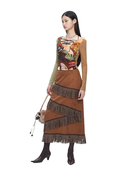 NextPassport MOF Brown Suede Fringe H Line Slim Fit Women's Polyester Maxi Skirts