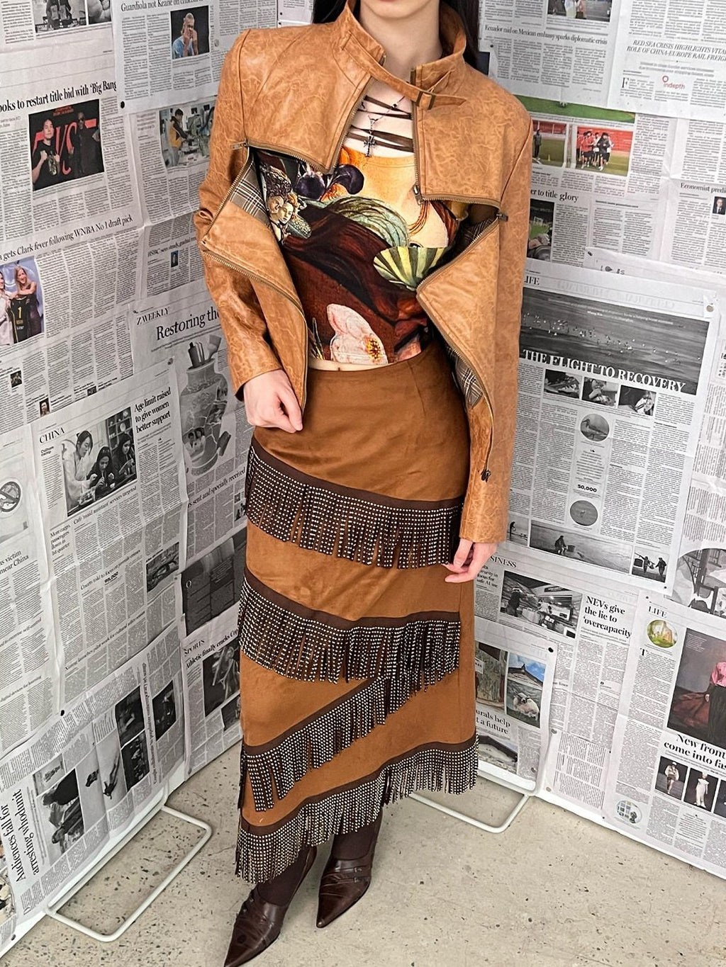 NextPassport MOF Brown Suede Fringe H Line Slim Fit Women's Polyester Maxi Skirts