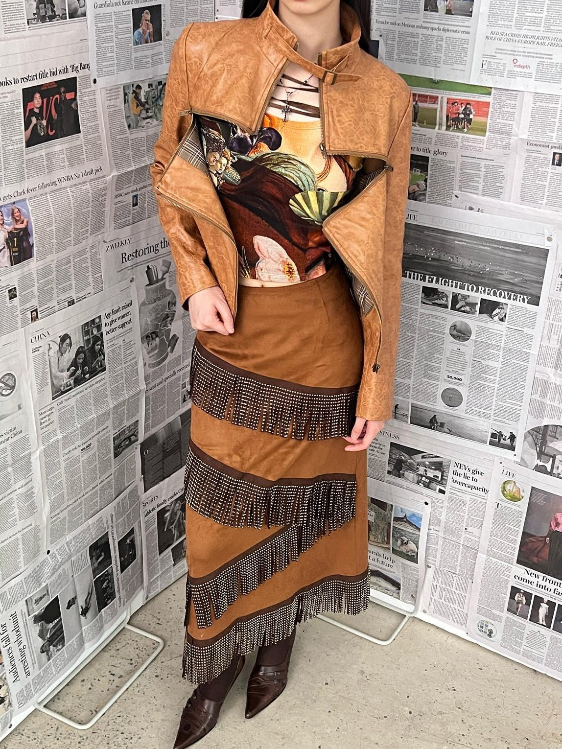 NextPassport MOF Brown Suede Fringe H Line Slim Fit Women's Polyester Maxi Skirts