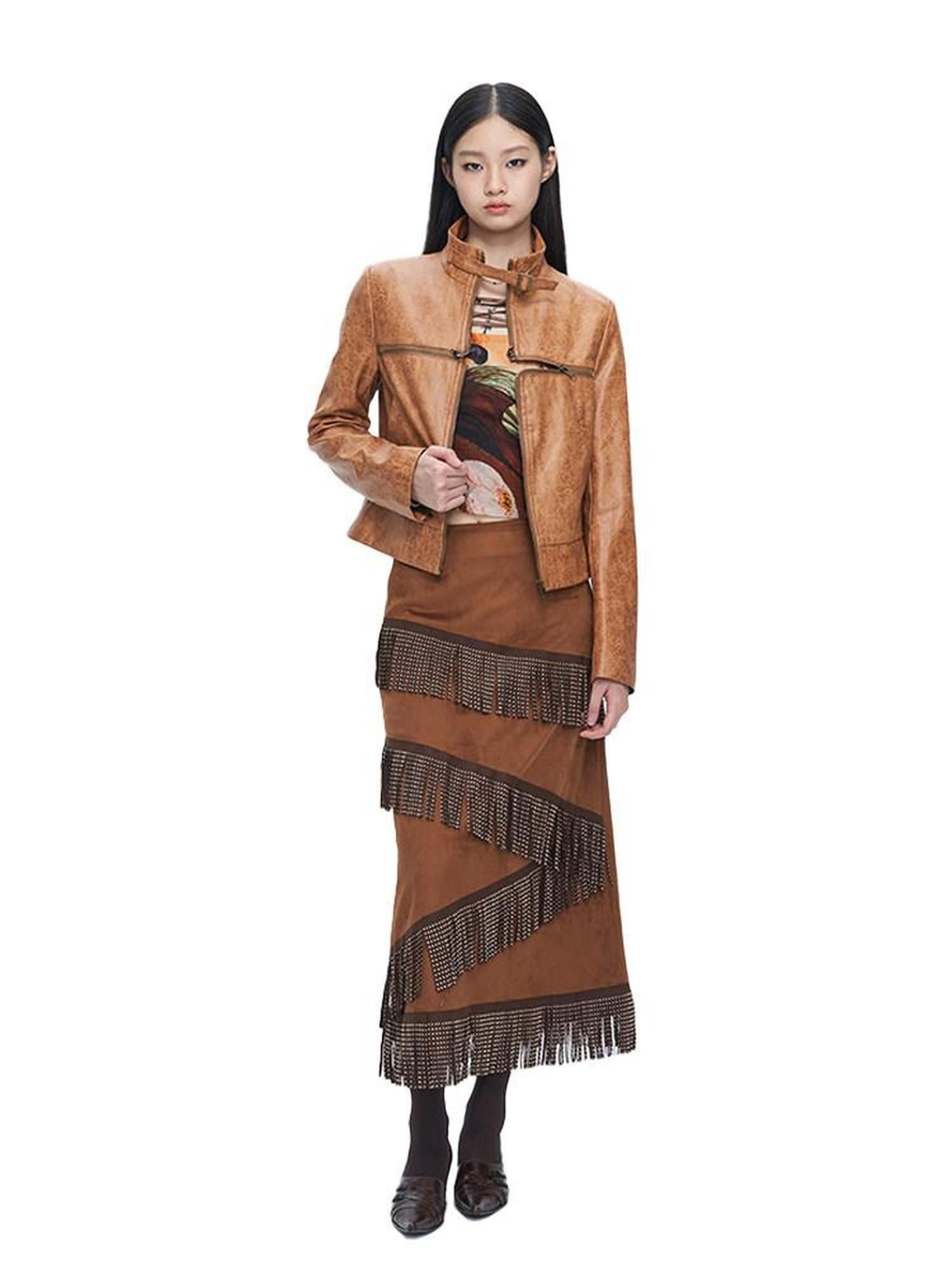 NextPassport MOF Brown Suede Fringe H Line Slim Fit Women's Polyester Maxi Skirts