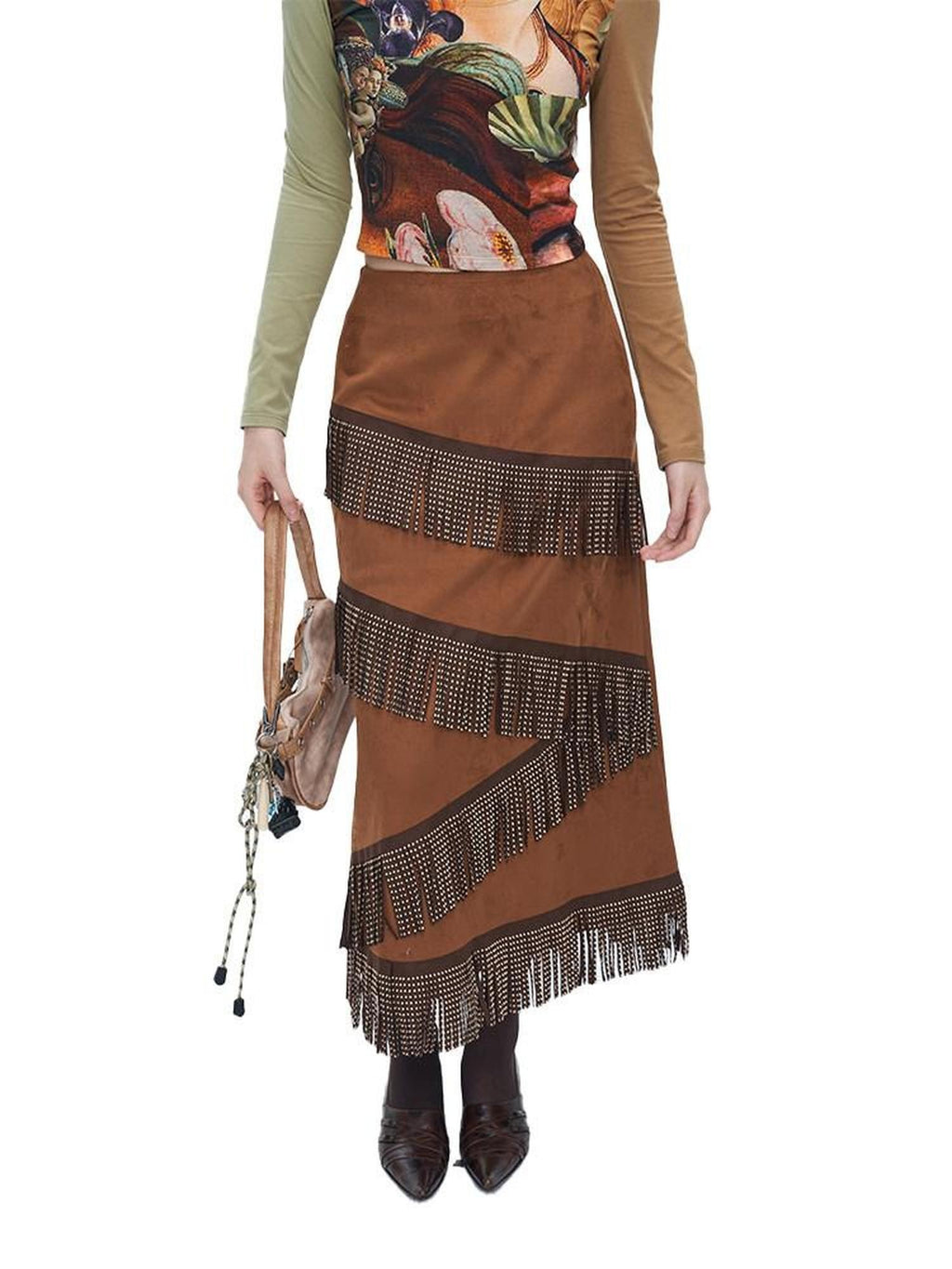 NextPassport MOF Brown Suede Fringe H Line Slim Fit Women's Polyester Maxi Skirts