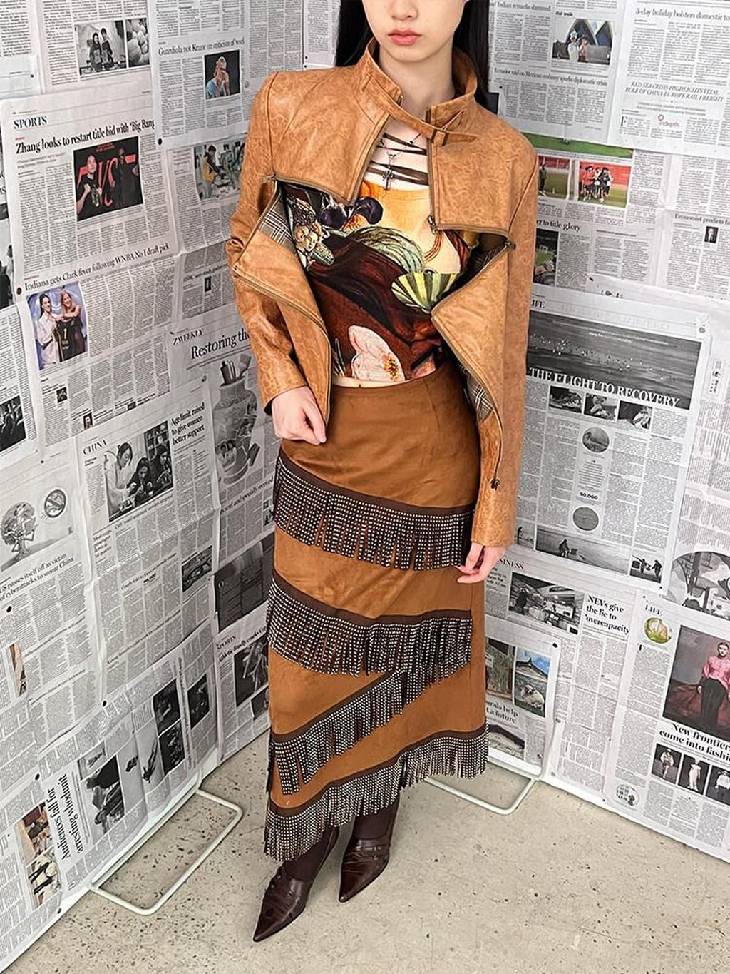 NextPassport MOF Brown Suede Fringe H Line Slim Fit Women's Polyester Maxi Skirts