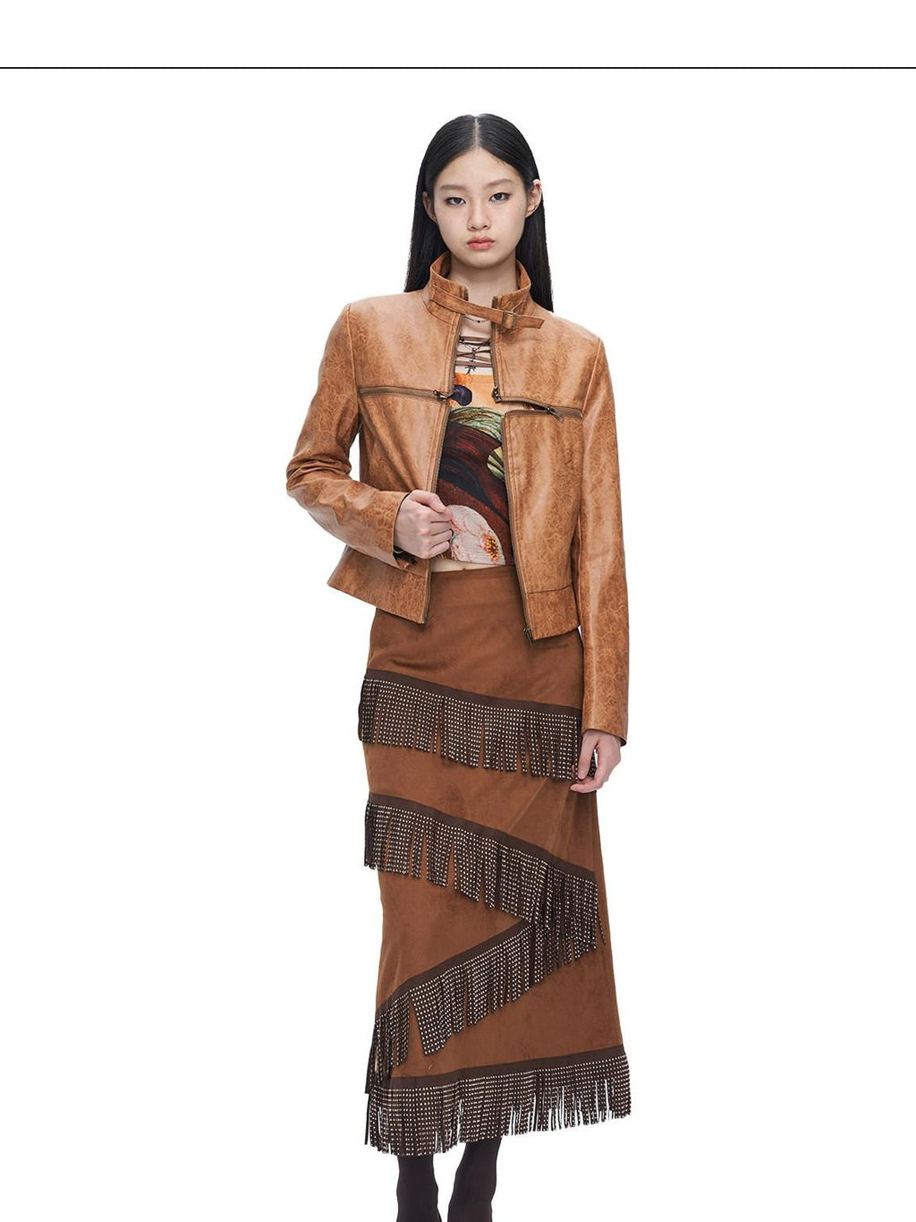 NextPassport MOF Brown Suede Fringe H Line Slim Fit Women's Polyester Maxi Skirts