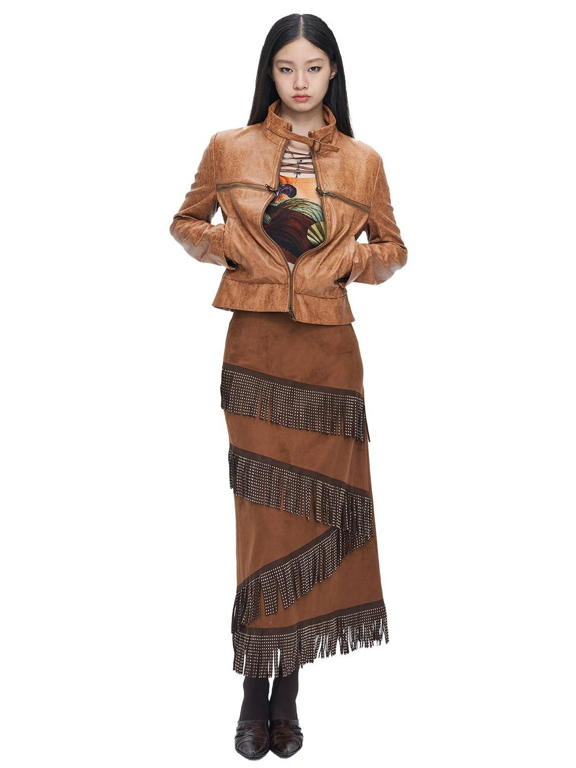 NextPassport MOF Brown Suede Fringe H Line Slim Fit Women's Polyester Maxi Skirts