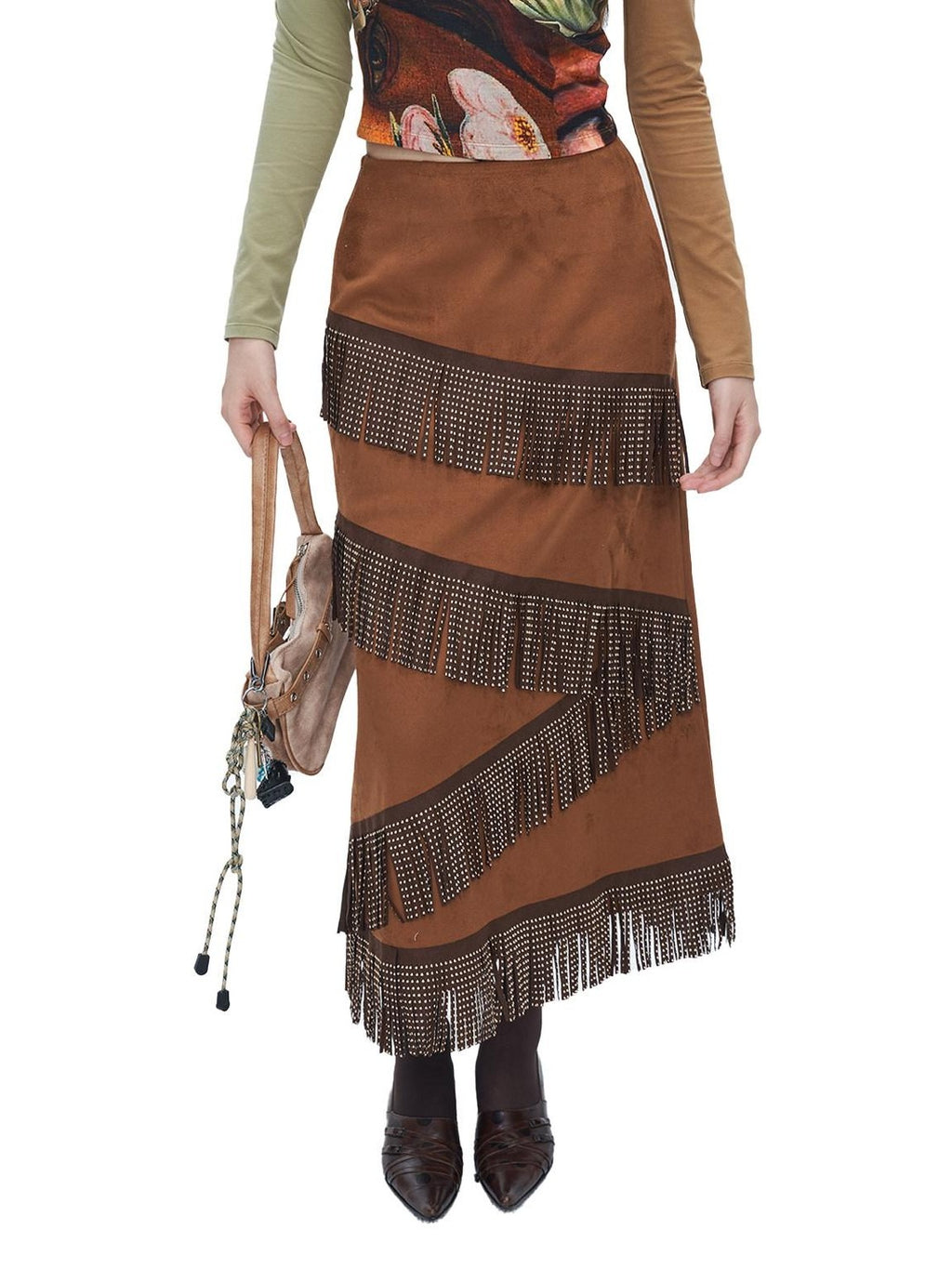 NextPassport MOF Brown Suede Fringe H Line Slim Fit Women's Polyester Maxi Skirts