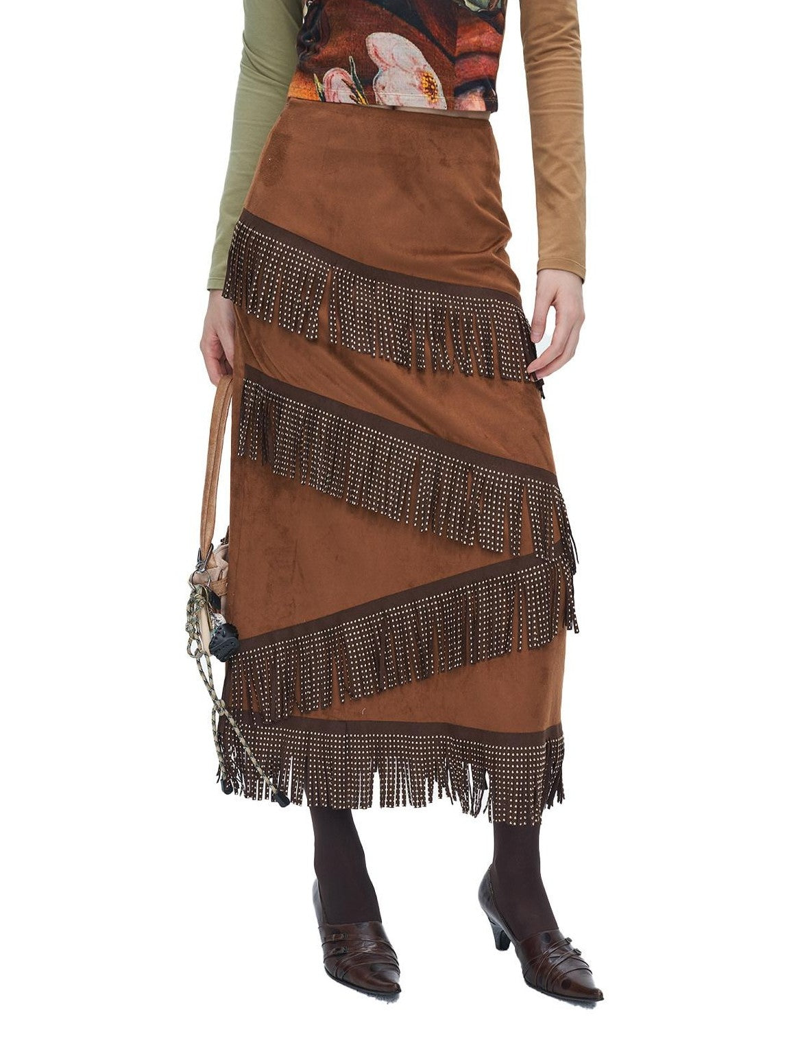 NextPassport MOF Brown Suede Fringe H Line Slim Fit Women's Polyester Maxi Skirts