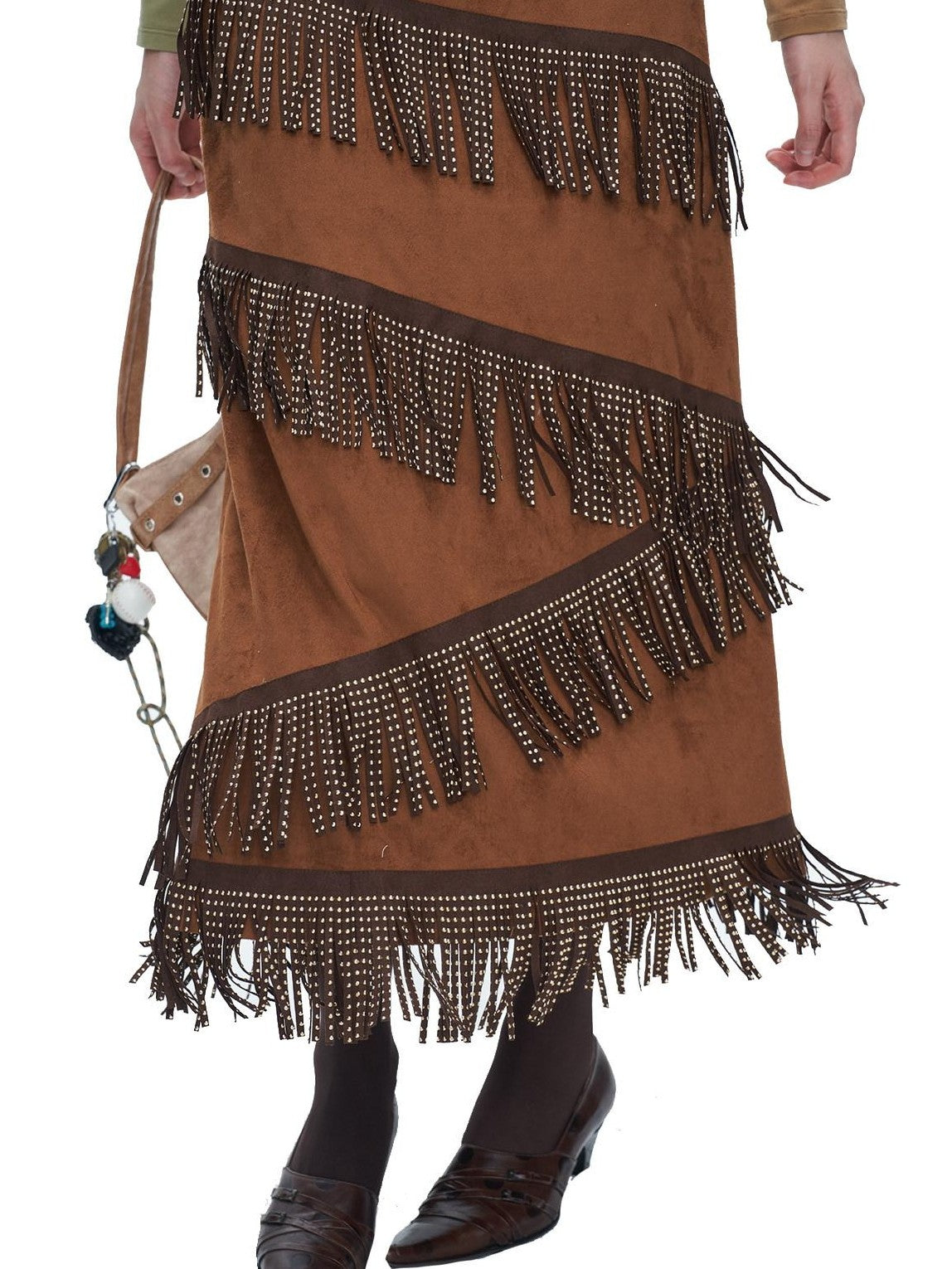 NextPassport MOF Brown Suede Fringe H Line Slim Fit Women's Polyester Maxi Skirts