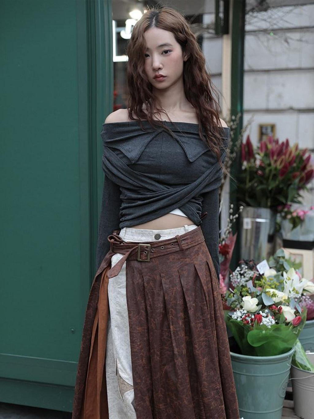 NextPassport MOF Brown Suede Pleated High Waist Women's Polyester Blend Maxi Skirts