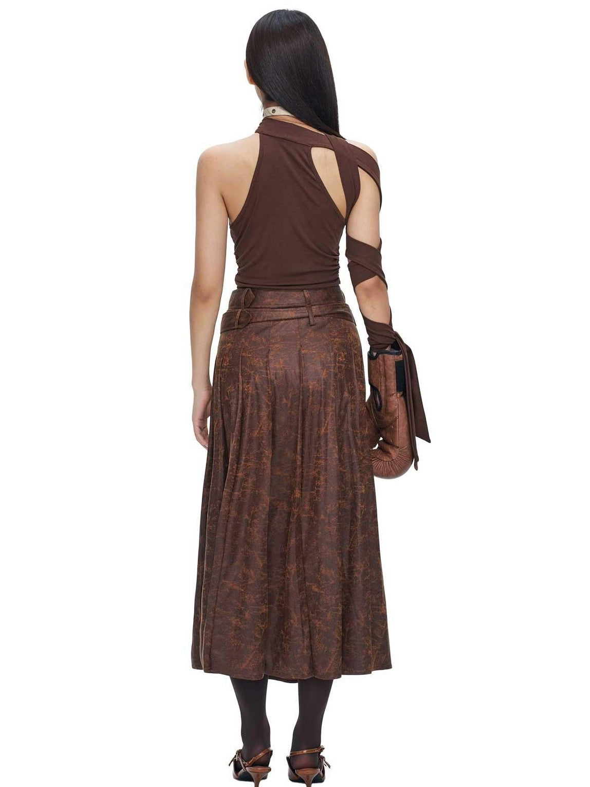 NextPassport MOF Brown Suede Pleated High Waist Women's Polyester Blend Maxi Skirts