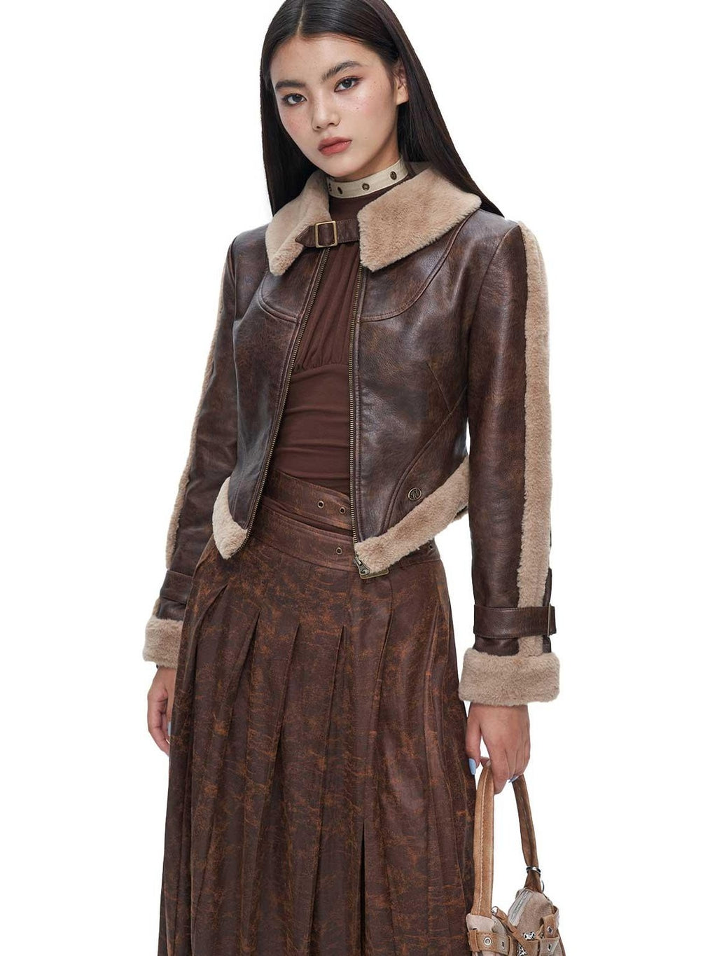 NextPassport MOF Brown Suede Pleated High Waist Women's Polyester Blend Maxi Skirts