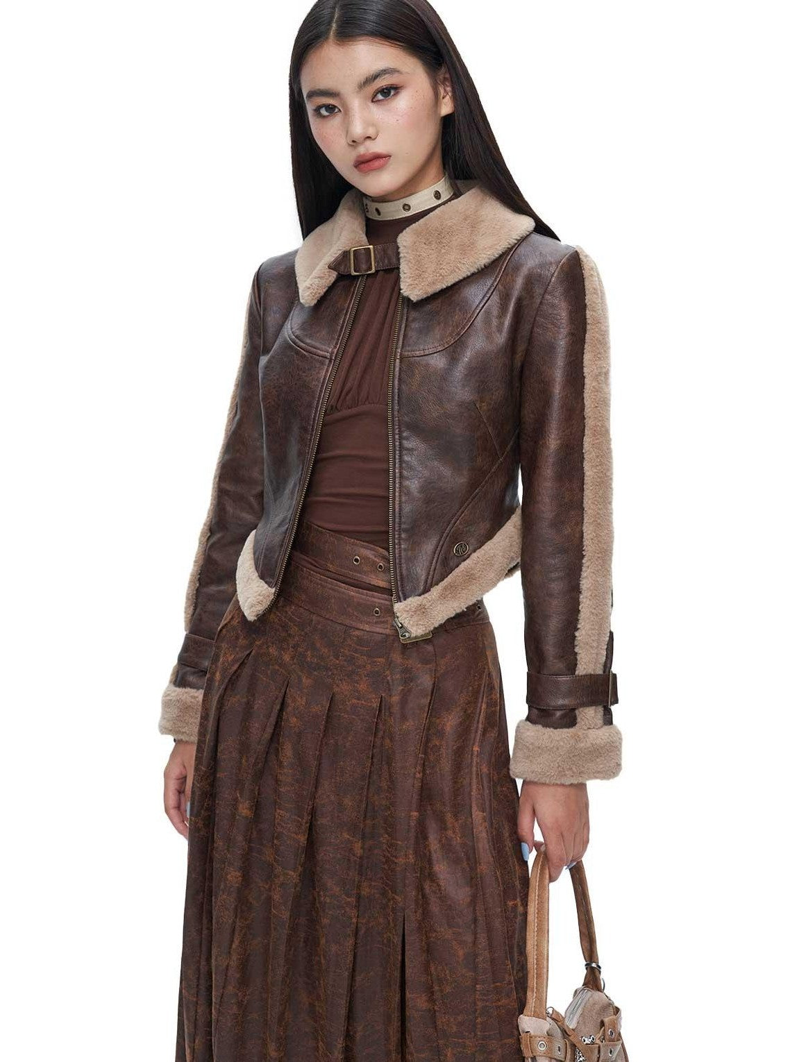 NextPassport MOF Brown Suede Pleated High Waist Women's Polyester Blend Maxi Skirts