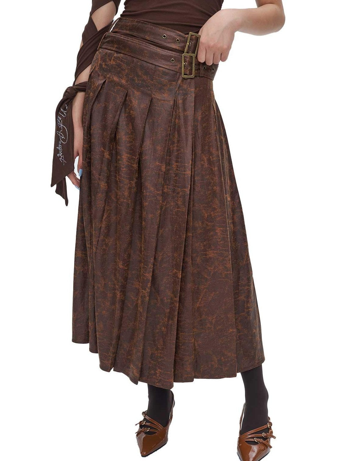 NextPassport MOF Brown Suede Pleated High Waist Women's Polyester Blend Maxi Skirts
