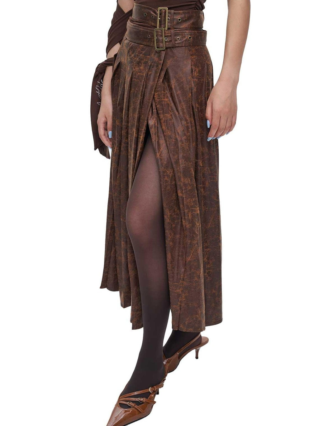 NextPassport MOF Brown Suede Pleated High Waist Women's Polyester Blend Maxi Skirts