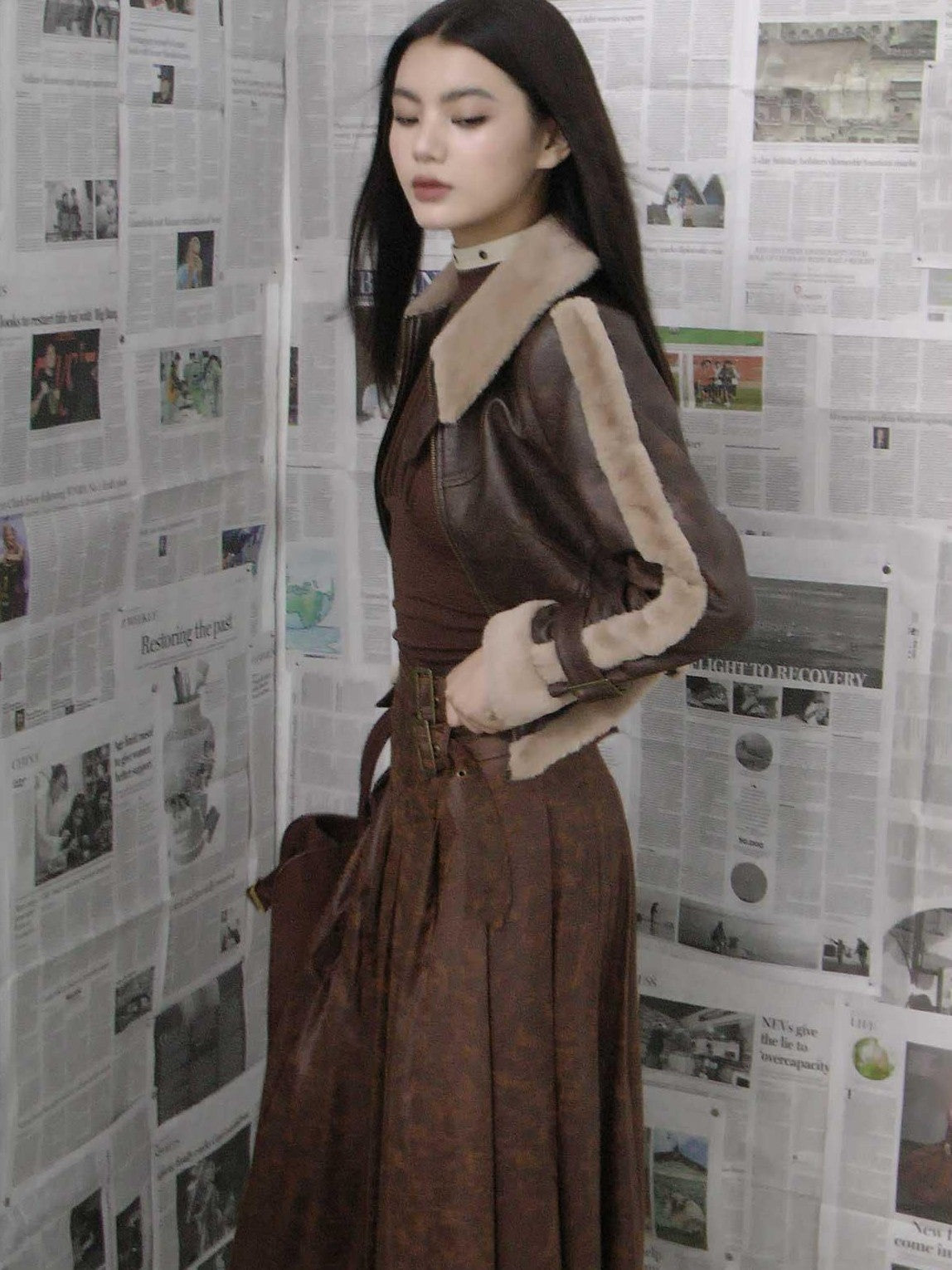 NextPassport MOF Brown Suede Pleated High Waist Women's Polyester Blend Maxi Skirts