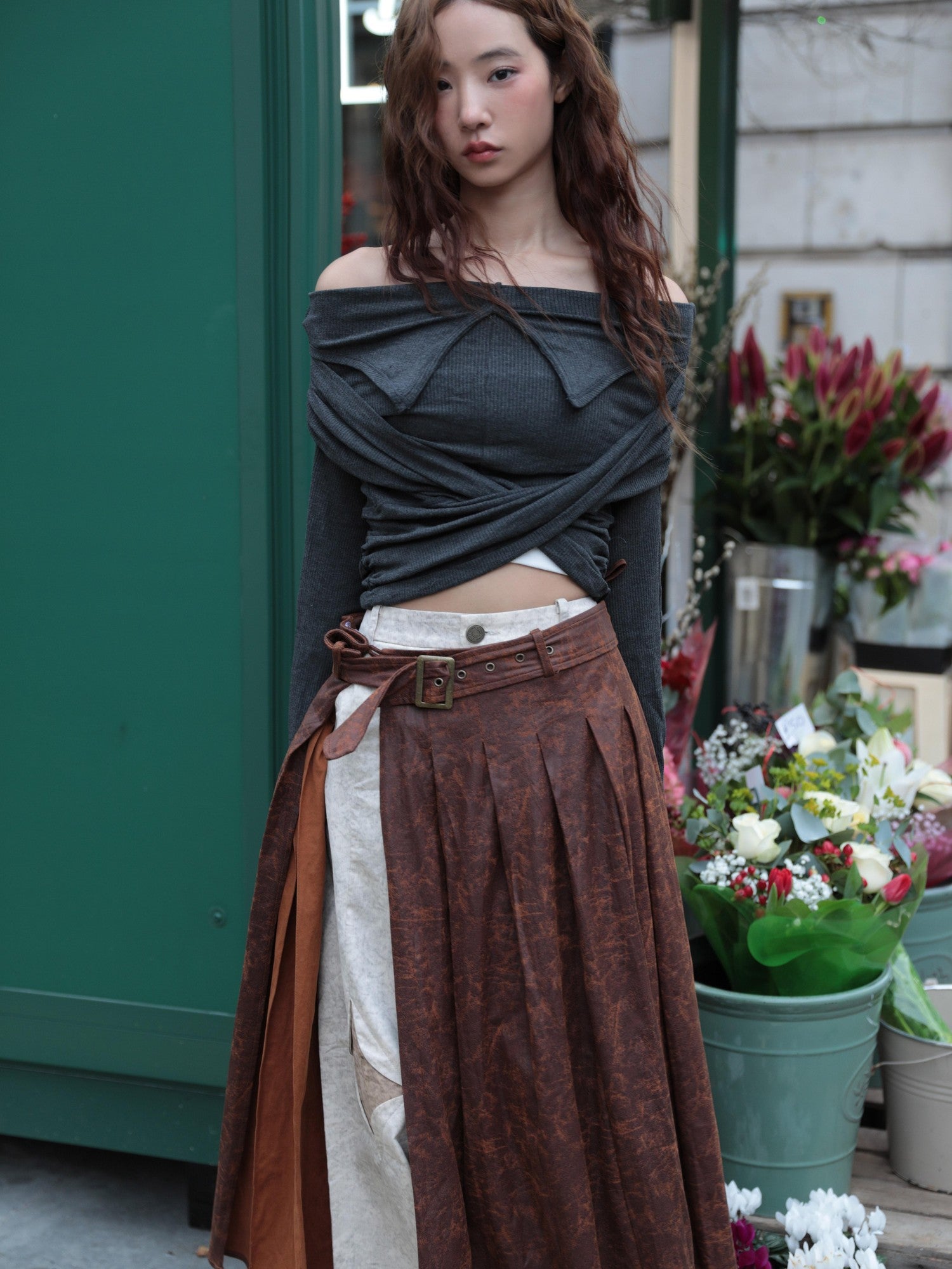 NextPassport MOF Brown Suede Pleated High Waist Women's Polyester Blend Maxi Skirts