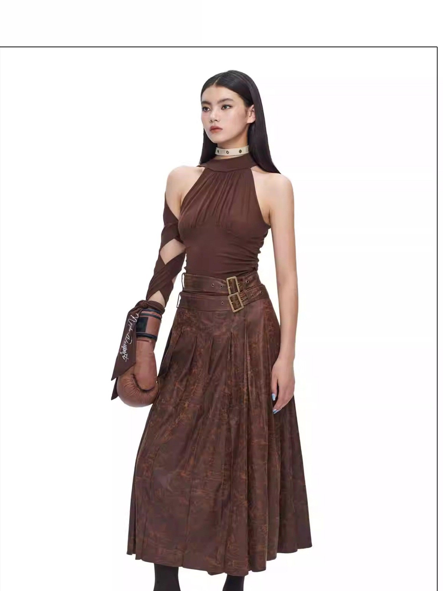 NextPassport MOF Brown Suede Pleated High Waist Women's Polyester Blend Maxi Skirts