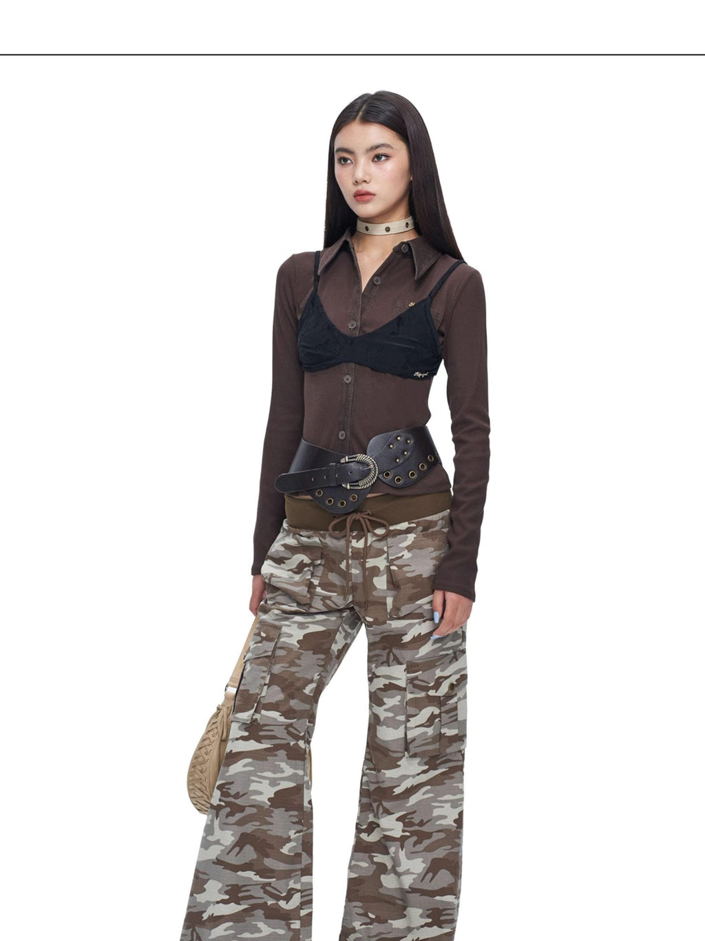 NextPassport MOF Camo Low Rise Ribbed Waist Micro Flare Women's Cotton Bootcut Pants