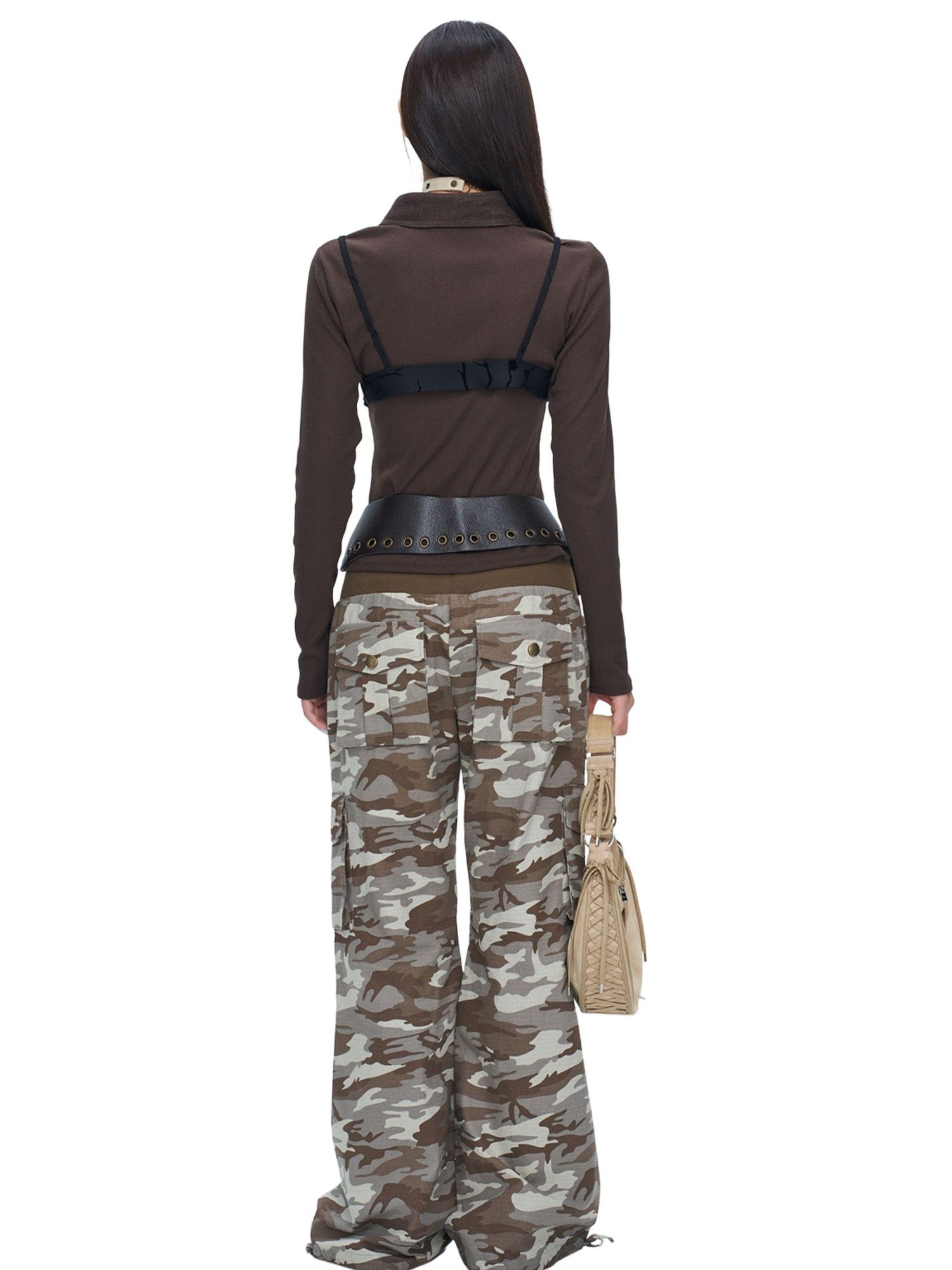 NextPassport MOF Camo Low Rise Ribbed Waist Micro Flare Women's Cotton Bootcut Pants